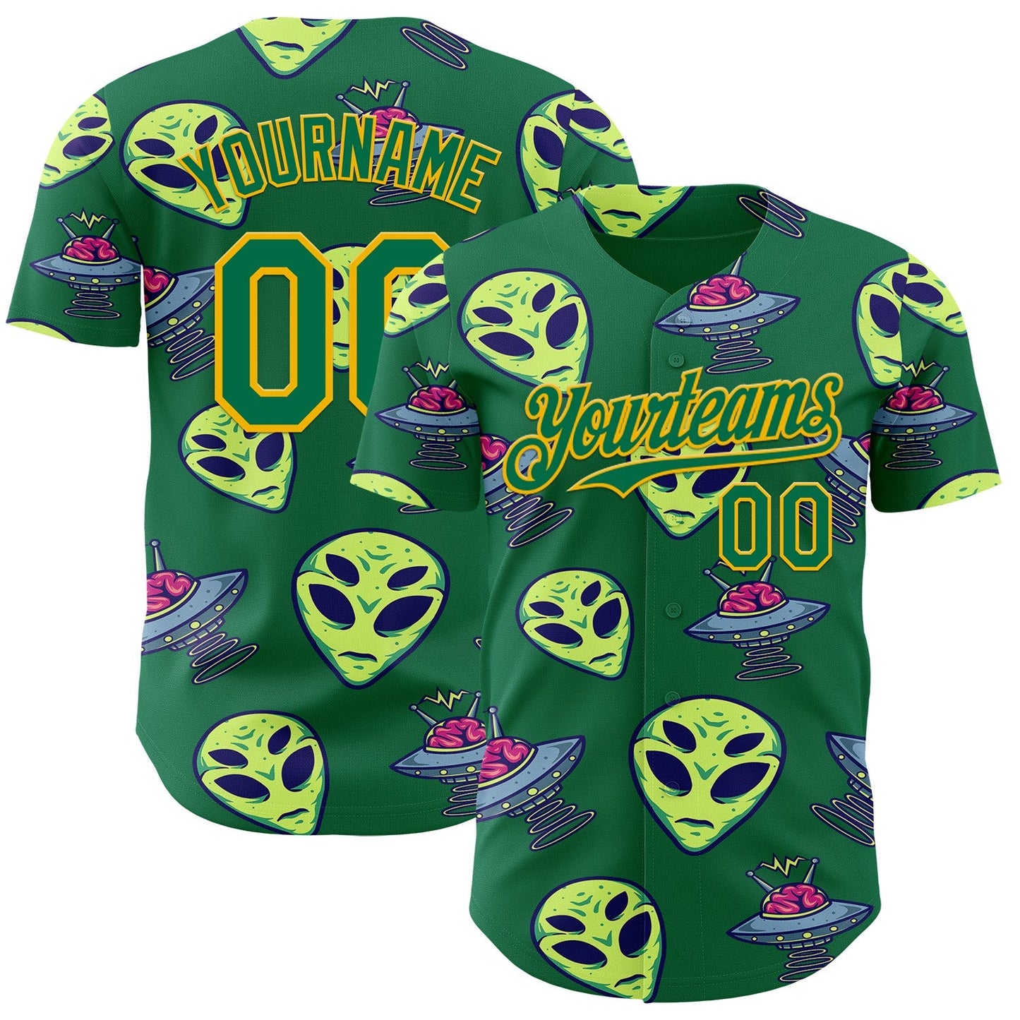 Custom Kelly Green Gold Alien UFO Space Authentic Baseball Jersey