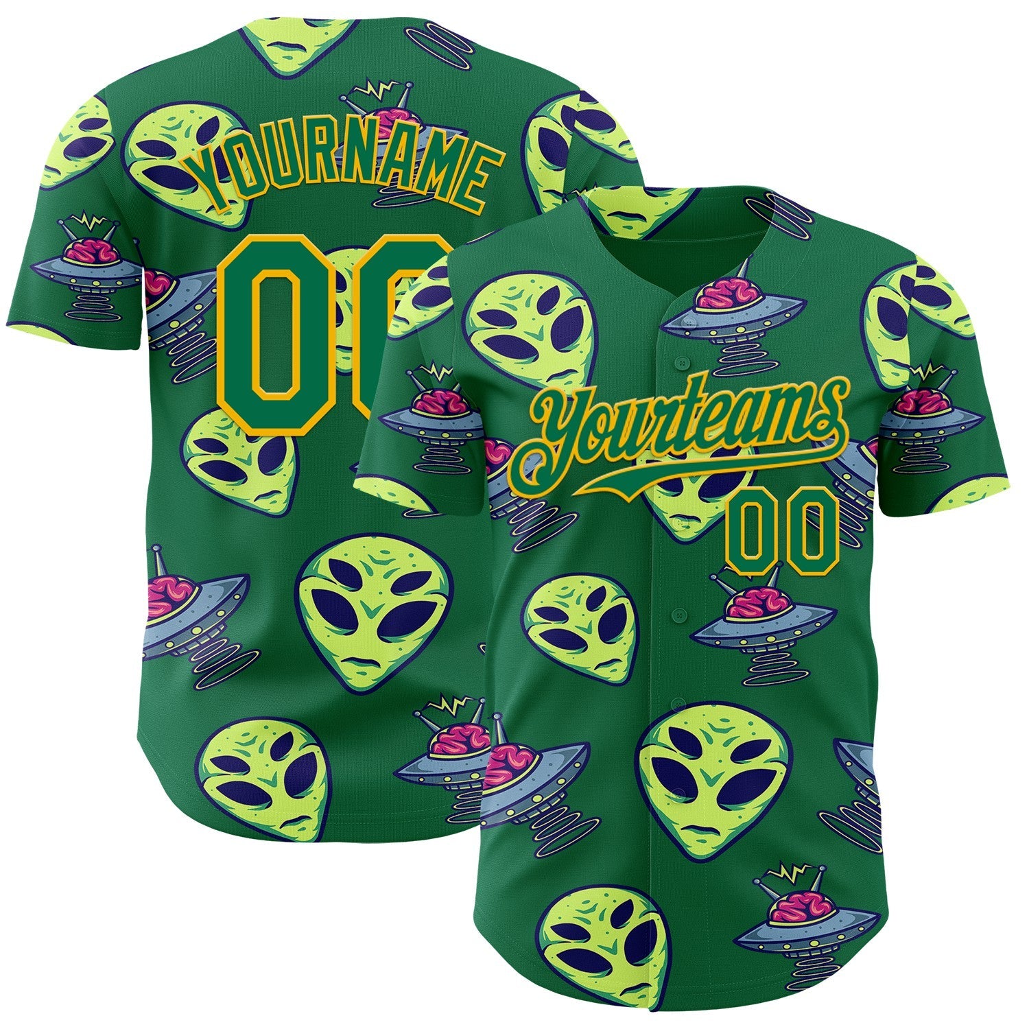 Custom Kelly Green Gold Alien UFO Space Authentic Baseball Jersey