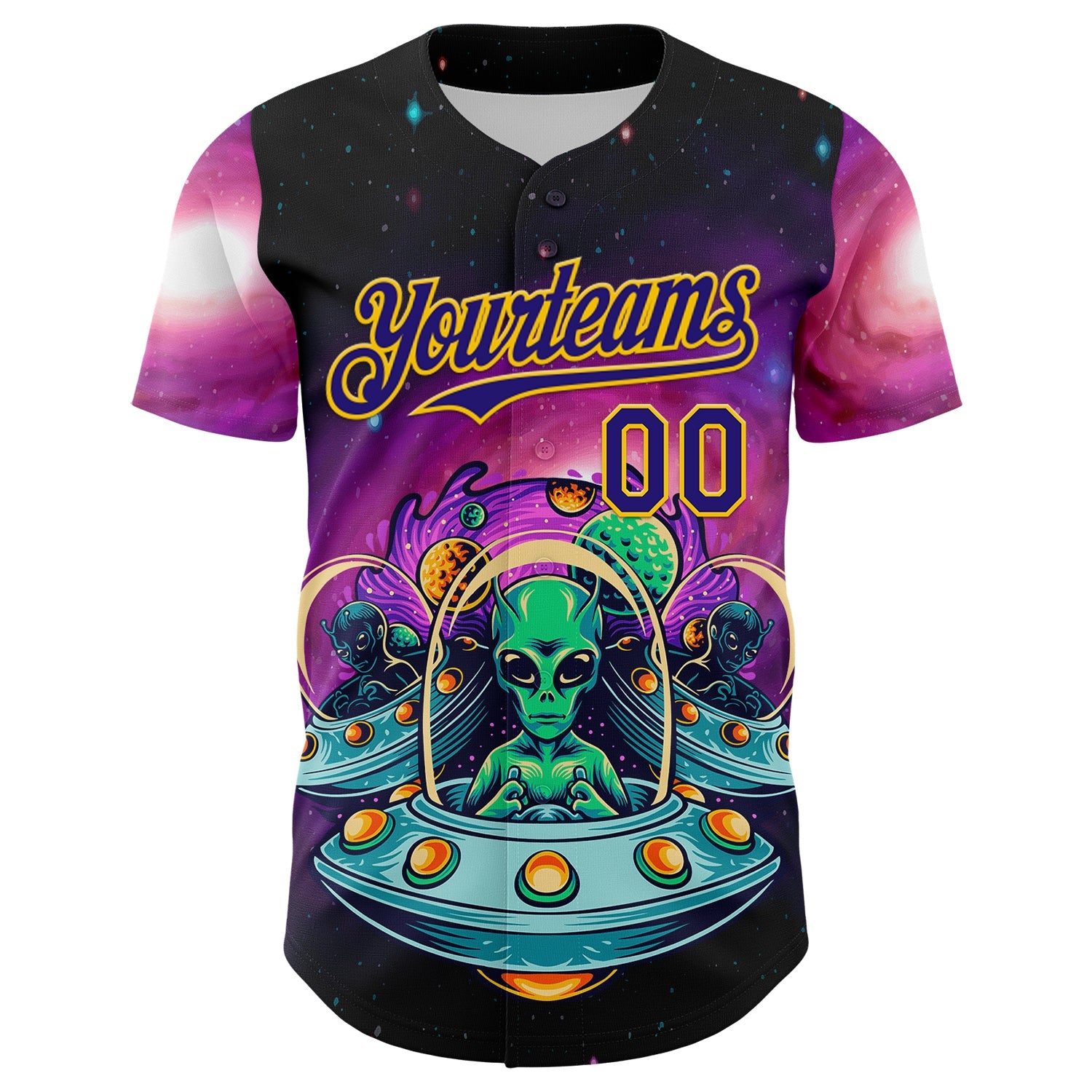 Custom Black Dark Purple-Yellow Alien UFO Space Galaxy Authentic Baseball Jersey