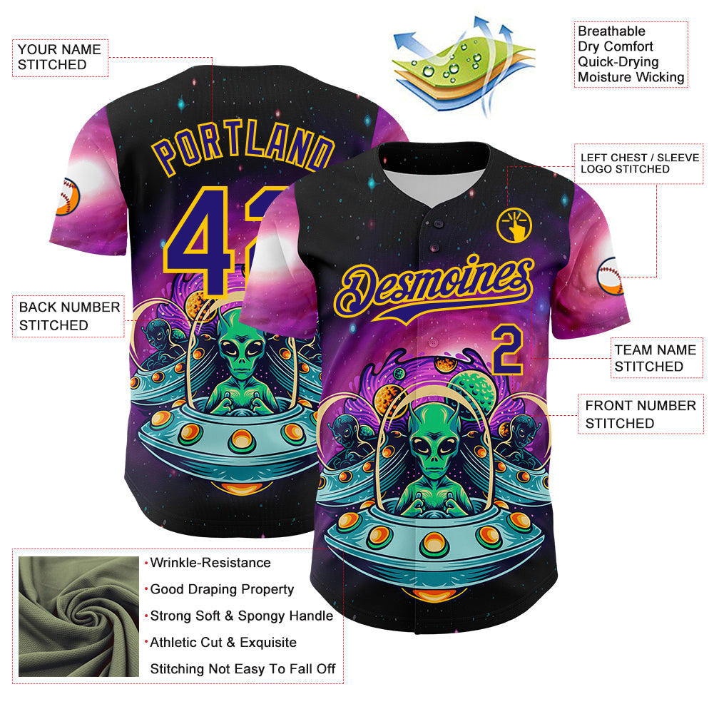 Custom Black Dark Purple-Yellow Alien UFO Space Galaxy Authentic Baseball Jersey