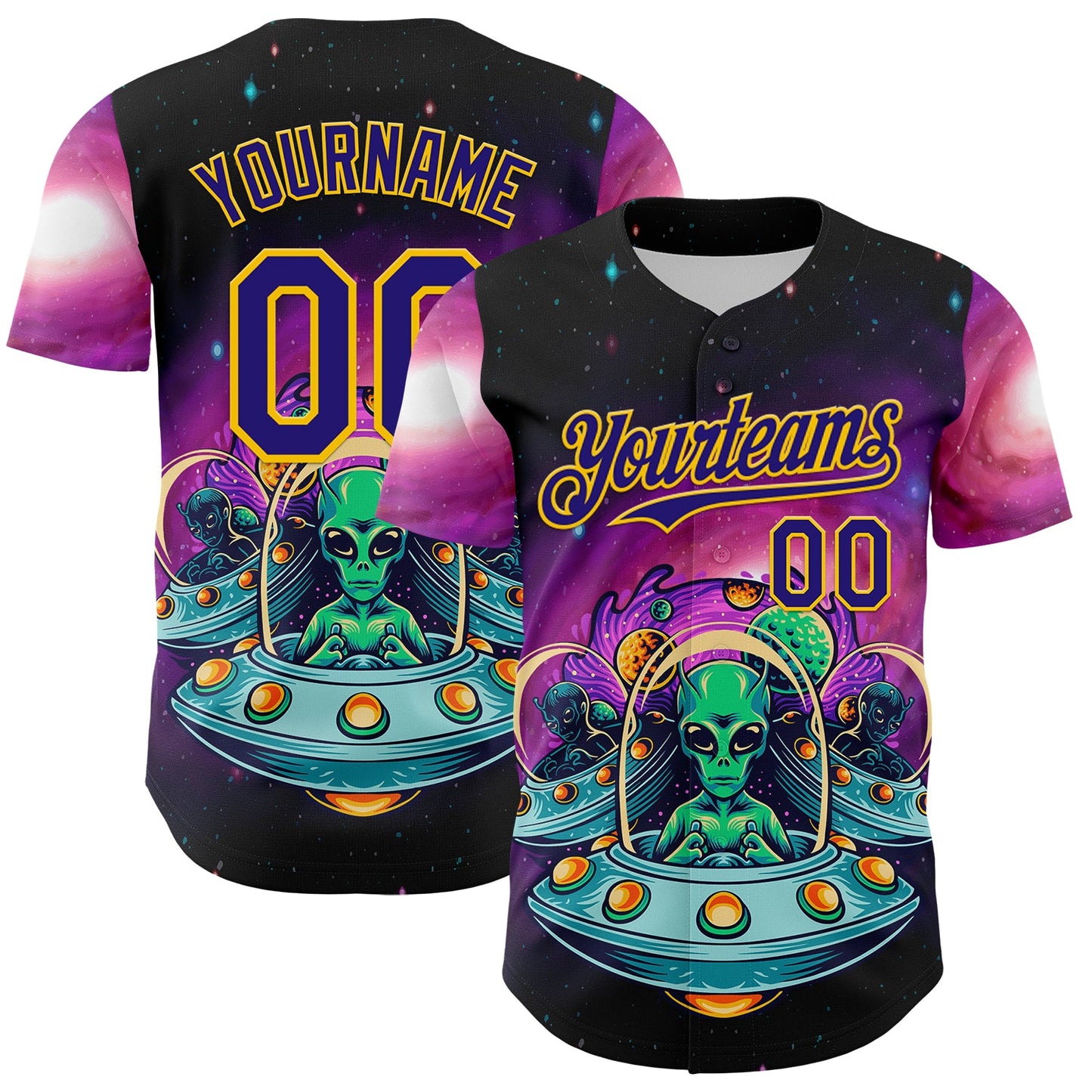 Custom Black Dark Purple-Yellow Alien UFO Space Galaxy Authentic Baseball Jersey