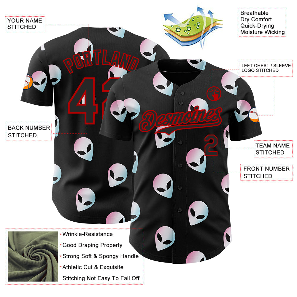 Custom Black Red Cartoon Alien Authentic Baseball Jersey