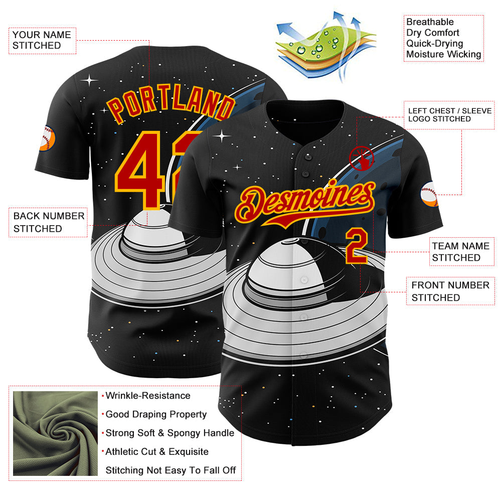 Custom Black Red-Gold Alien UFO Saucer Authentic Baseball Jersey