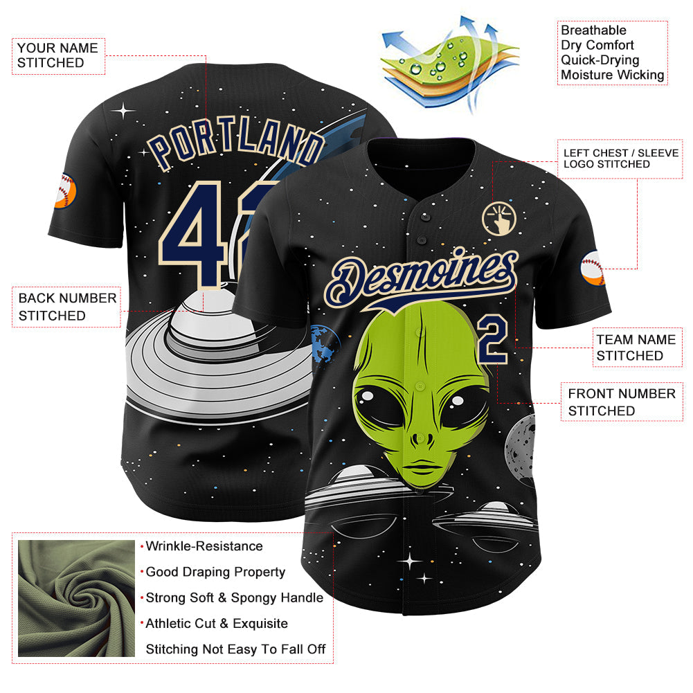 Custom Black Navy-Cream Alien UFO Galaxy Authentic Baseball Jersey