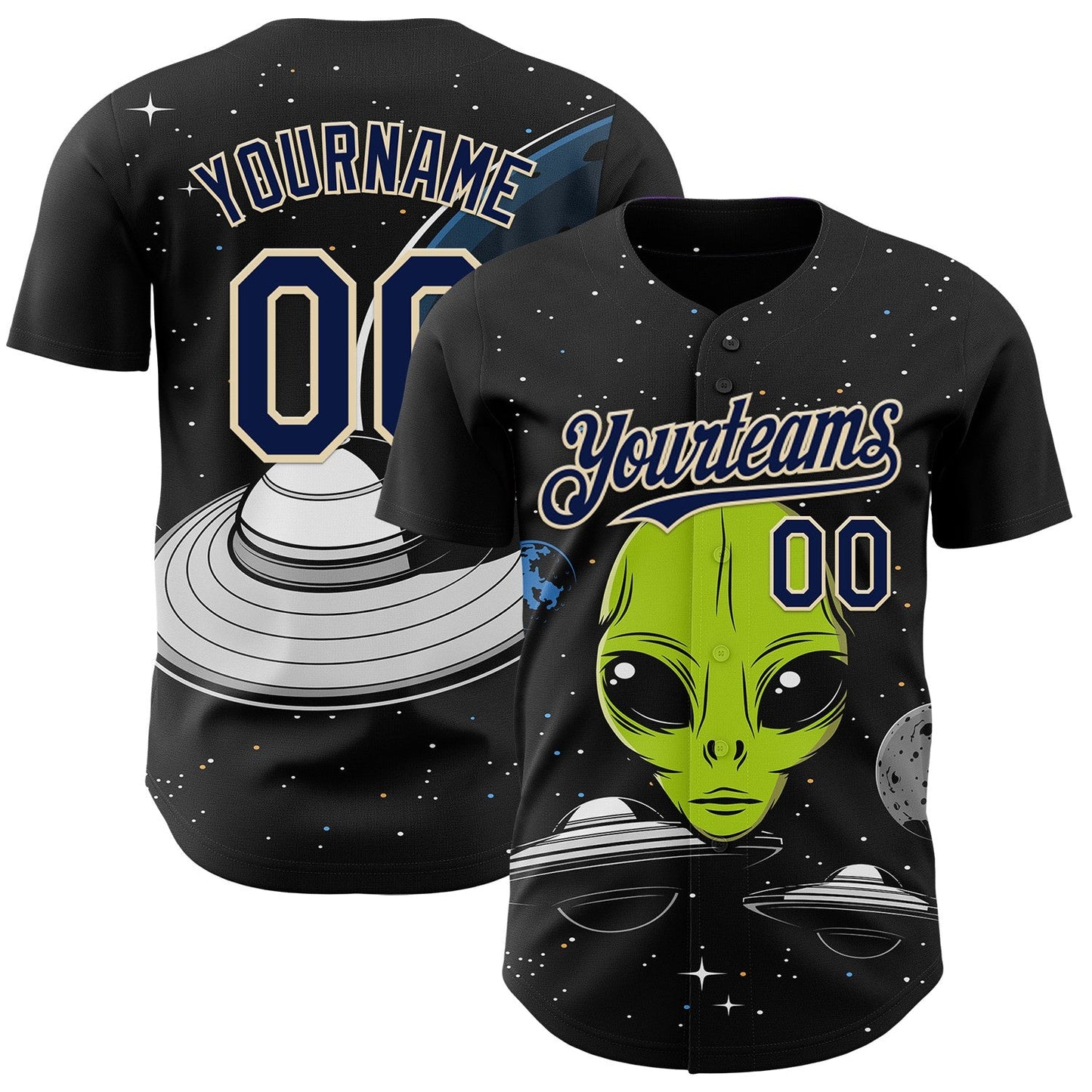 Custom Black Navy-Cream Alien UFO Galaxy Authentic Baseball Jersey