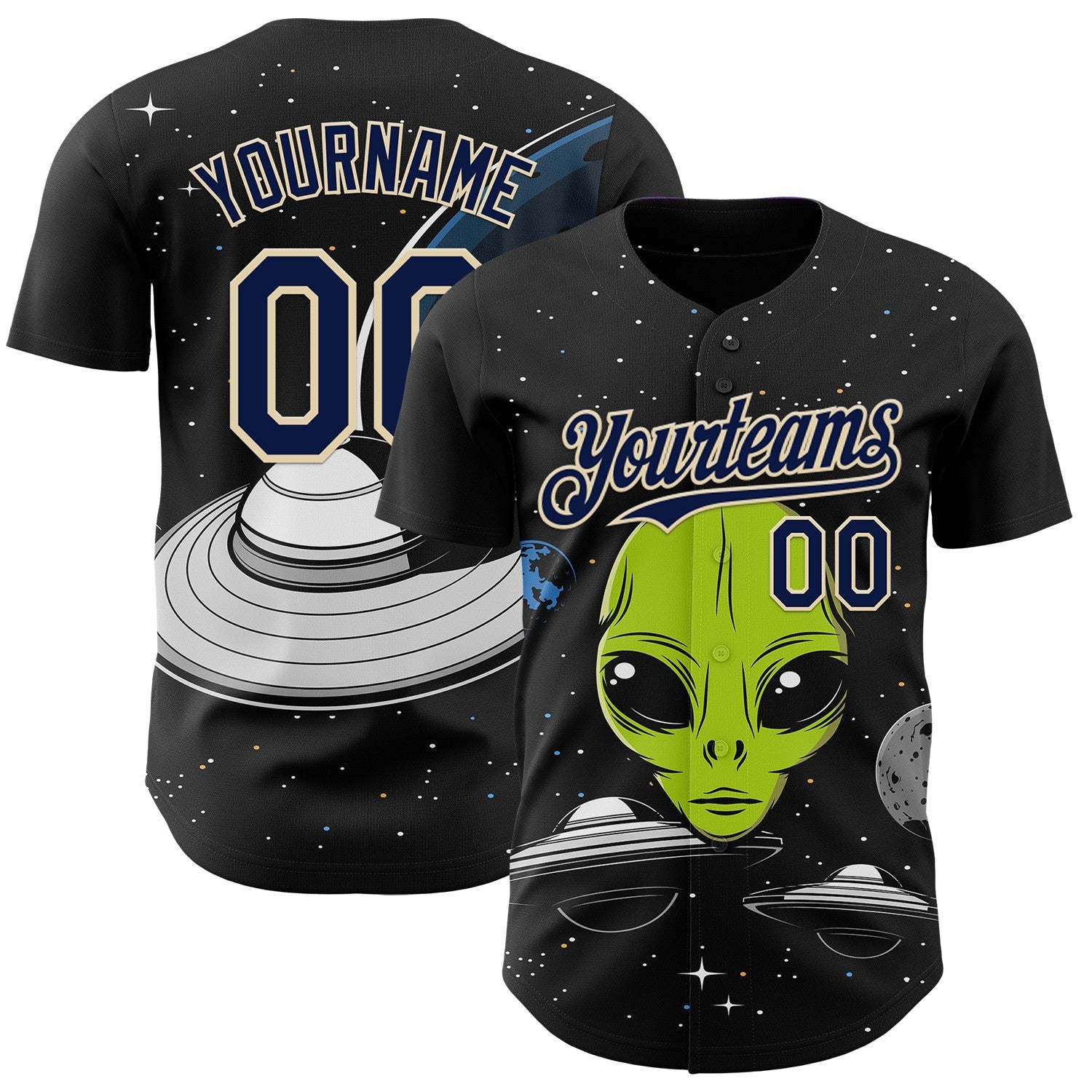 Custom Black Navy-Cream Alien UFO Galaxy Authentic Baseball Jersey