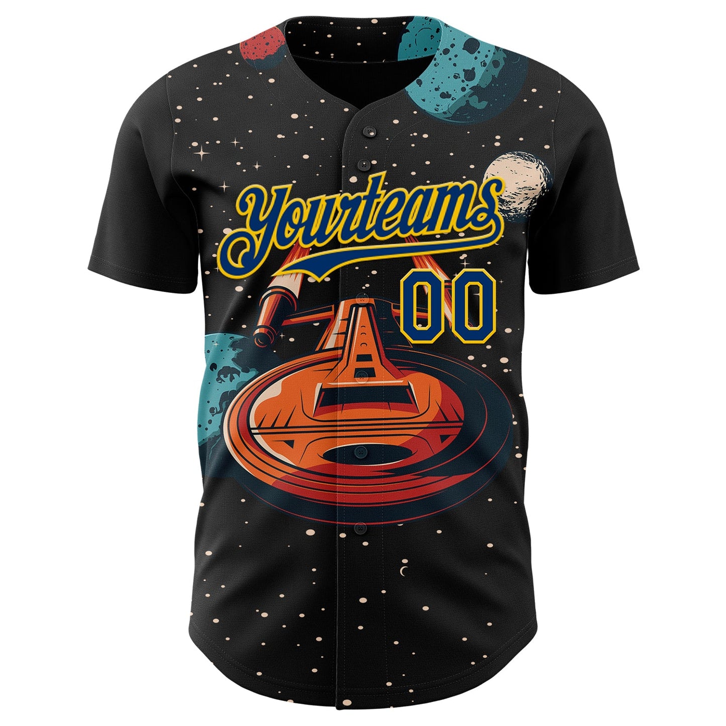 Custom Black US Navy Blue-Yellow Alien UFO Interstellar Starship Galaxy Authentic Baseball Jersey
