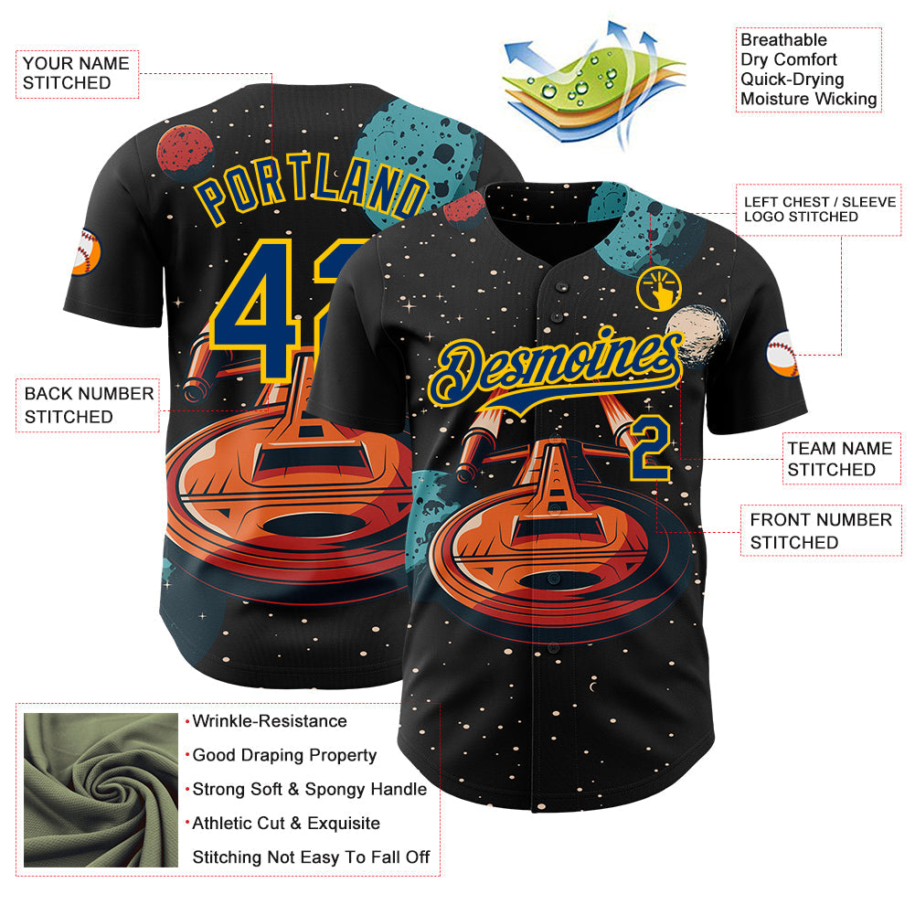 Custom Black US Navy Blue-Yellow Alien UFO Interstellar Starship Galaxy Authentic Baseball Jersey