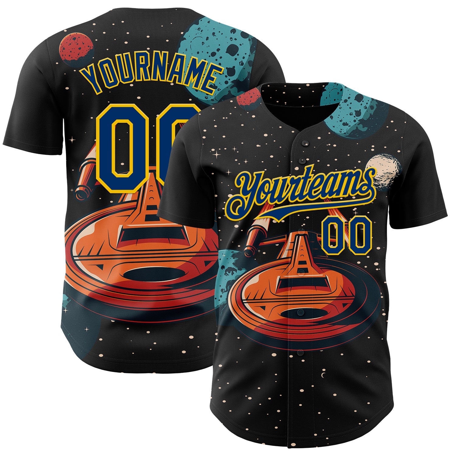 Custom Black US Navy Blue-Yellow Alien UFO Interstellar Starship Galaxy Authentic Baseball Jersey