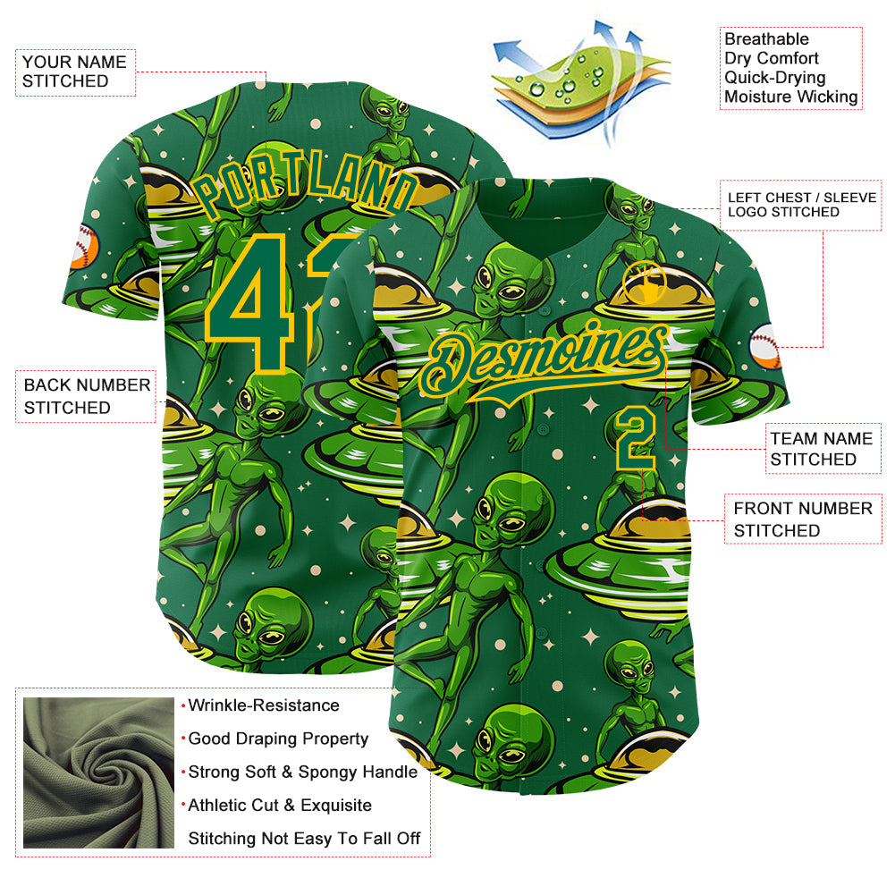 Custom Kelly Green Yellow Alien UFO Galaxy Authentic Baseball Jersey