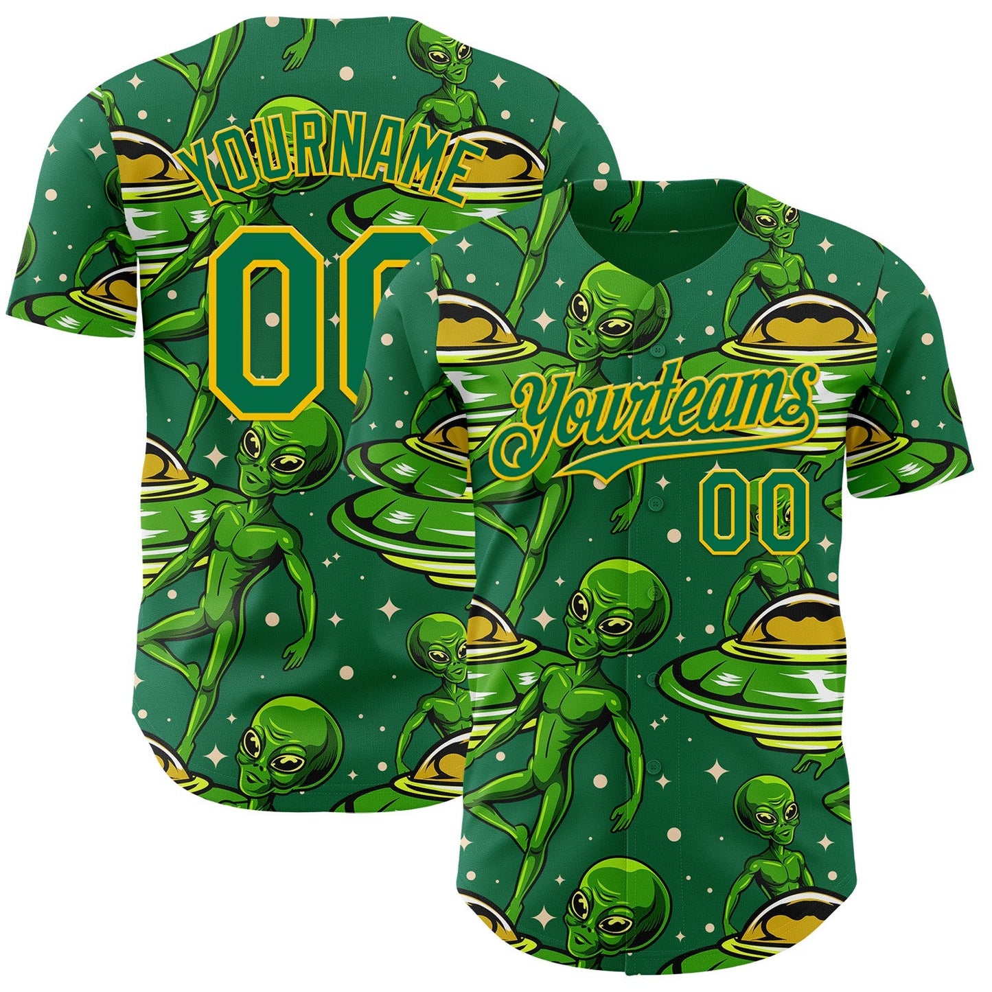 Custom Kelly Green Yellow Alien UFO Galaxy Authentic Baseball Jersey