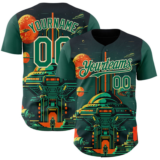 Custom Black Kelly Green-Cream Alien Spaceship Fleet UFO Galaxy Authentic Baseball Jersey