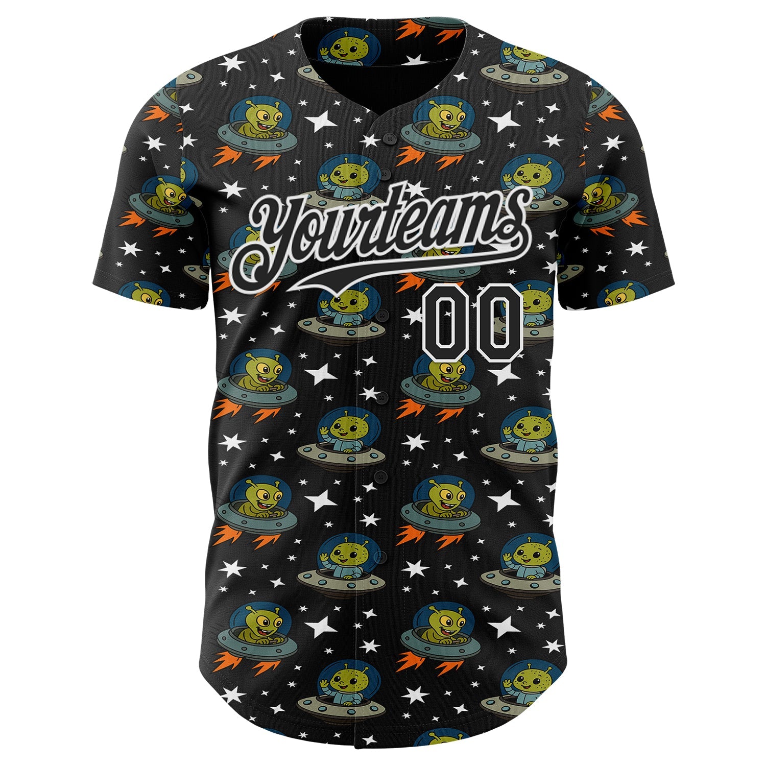 Custom Black White Cartoon Alien UFO Space Galaxy Authentic Baseball Jersey