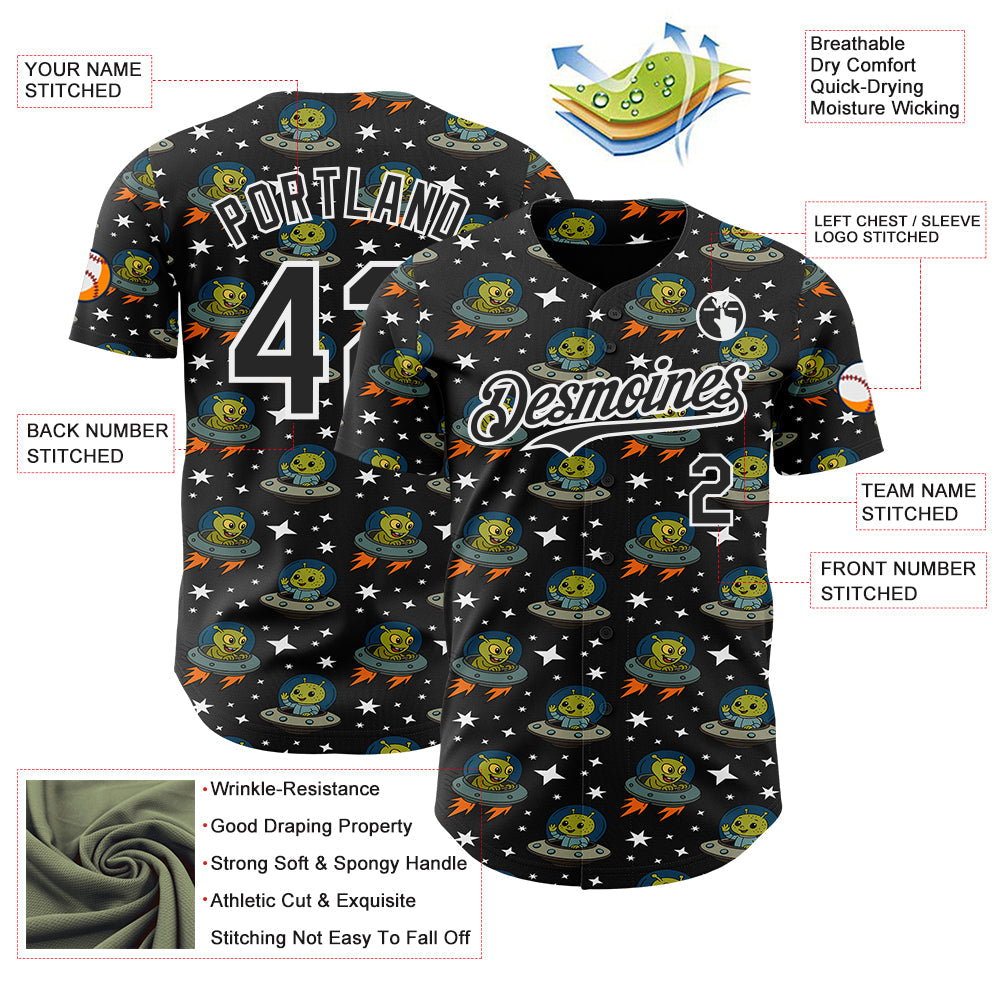Custom Black White Cartoon Alien UFO Space Galaxy Authentic Baseball Jersey