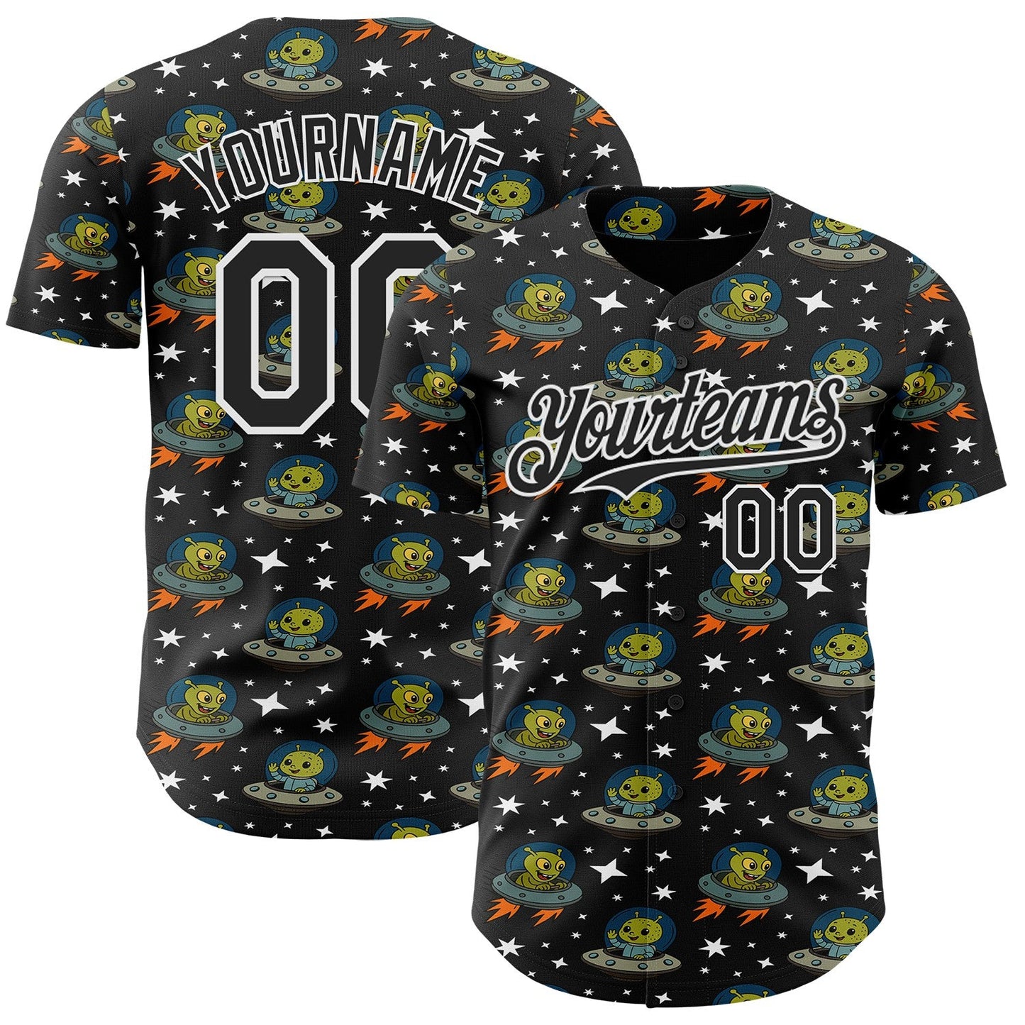 Custom Black White Cartoon Alien UFO Space Galaxy Authentic Baseball Jersey