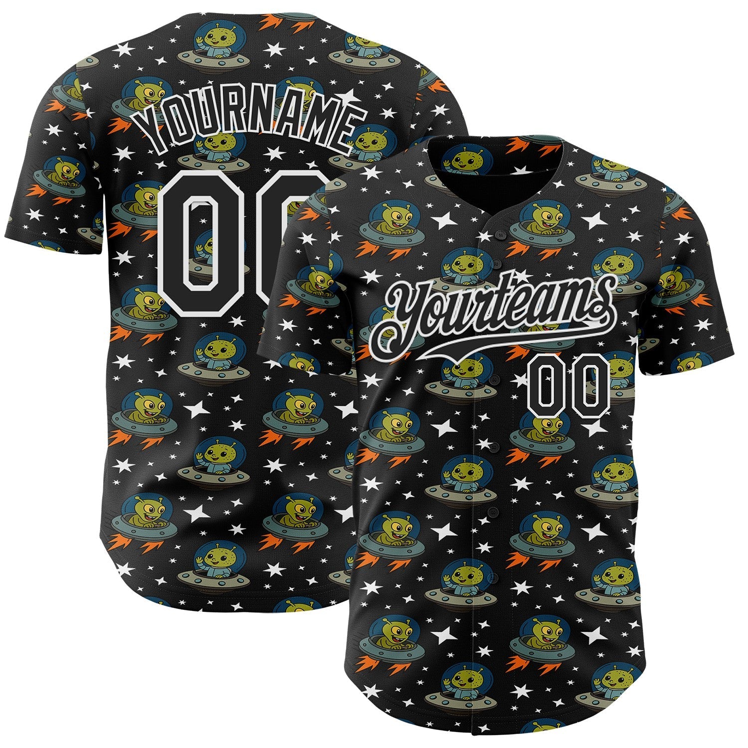 Custom Black White Cartoon Alien UFO Space Galaxy Authentic Baseball Jersey