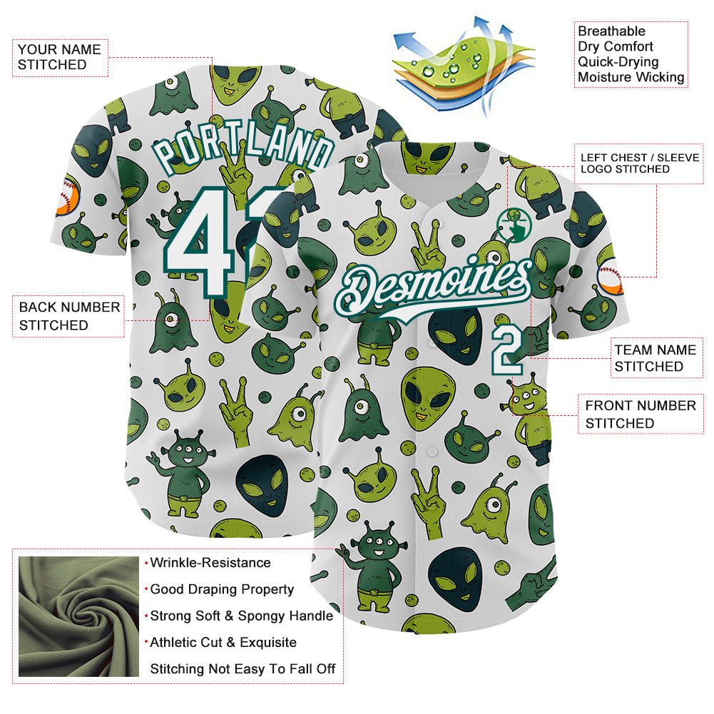 Custom White Midnight Green Cartoon Alien Authentic Baseball Jersey