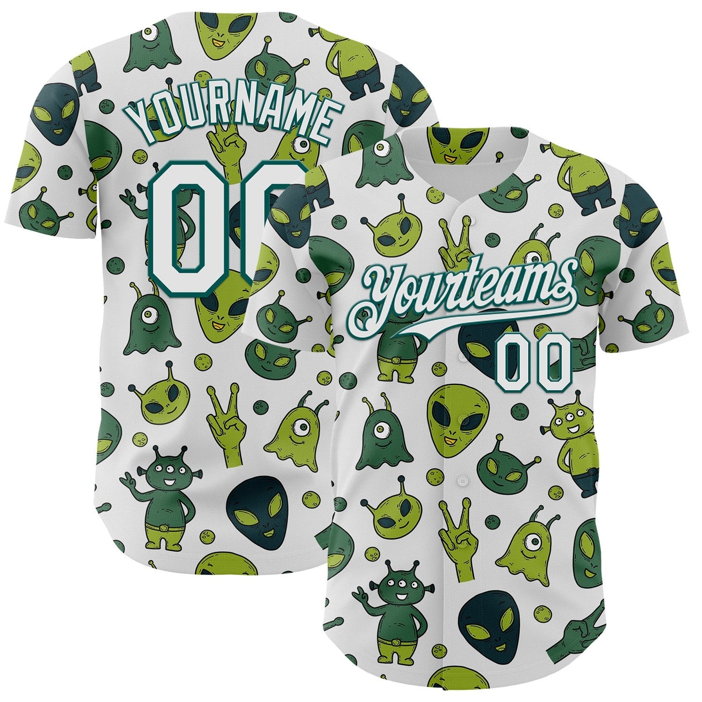 Custom White Midnight Green Cartoon Alien Authentic Baseball Jersey