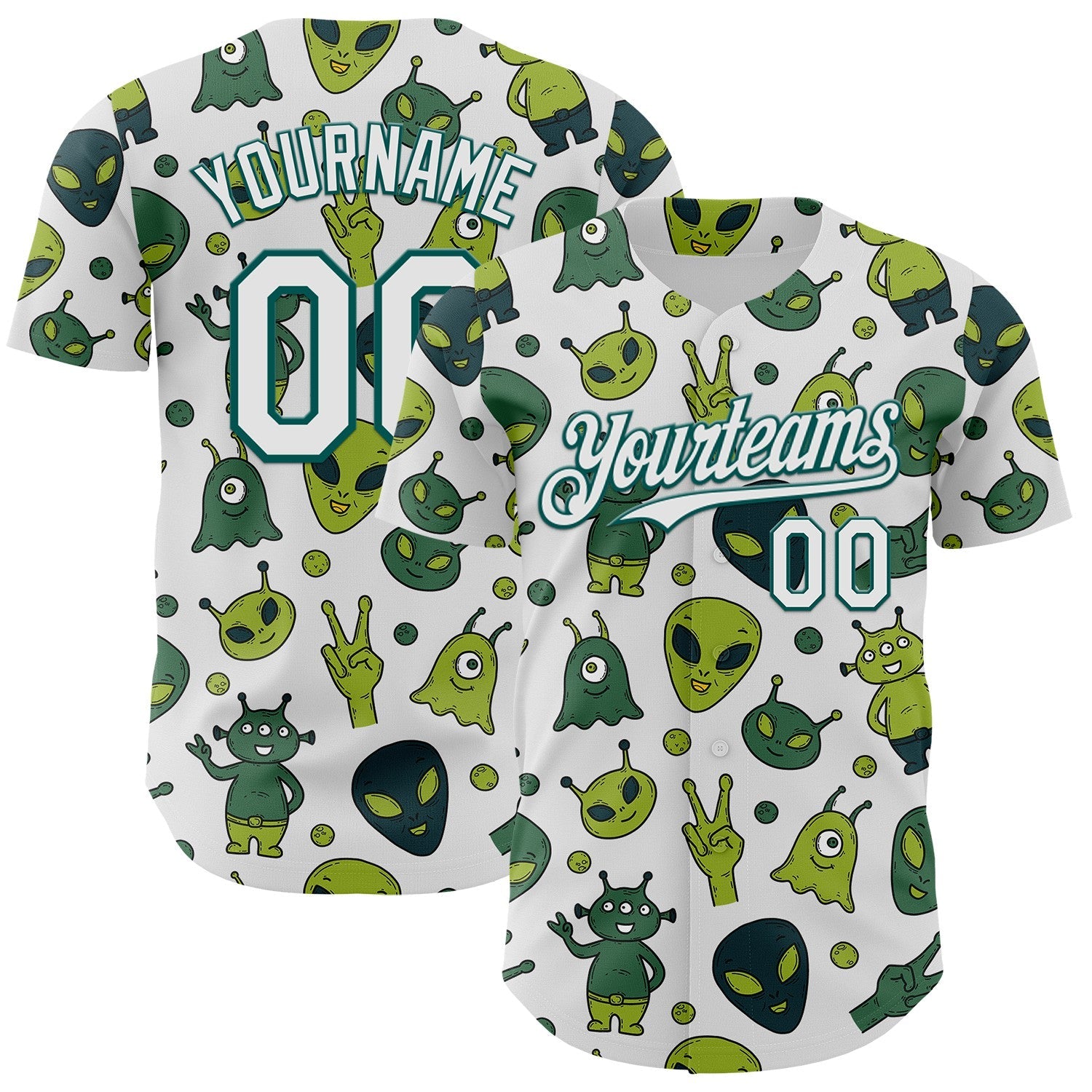 Custom White Midnight Green Cartoon Alien Authentic Baseball Jersey