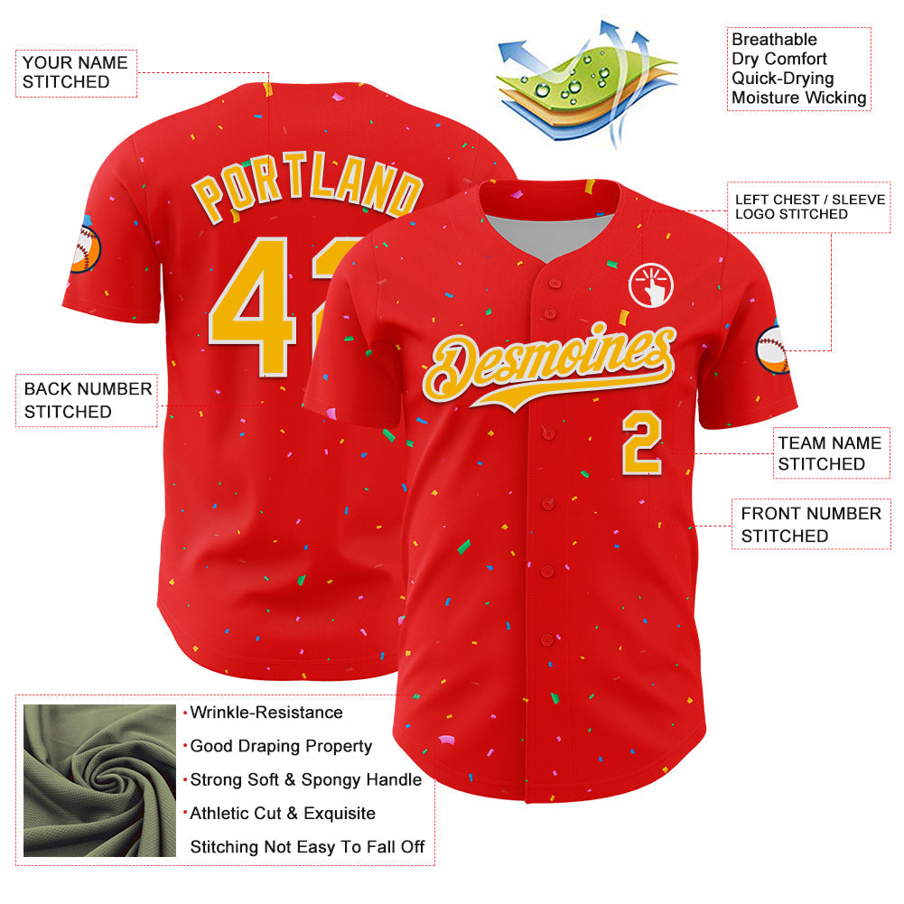 Custom Fire Red Gold-White 3D Pattern Design Confetti Colorful Speckle Authentic Baseball Jersey