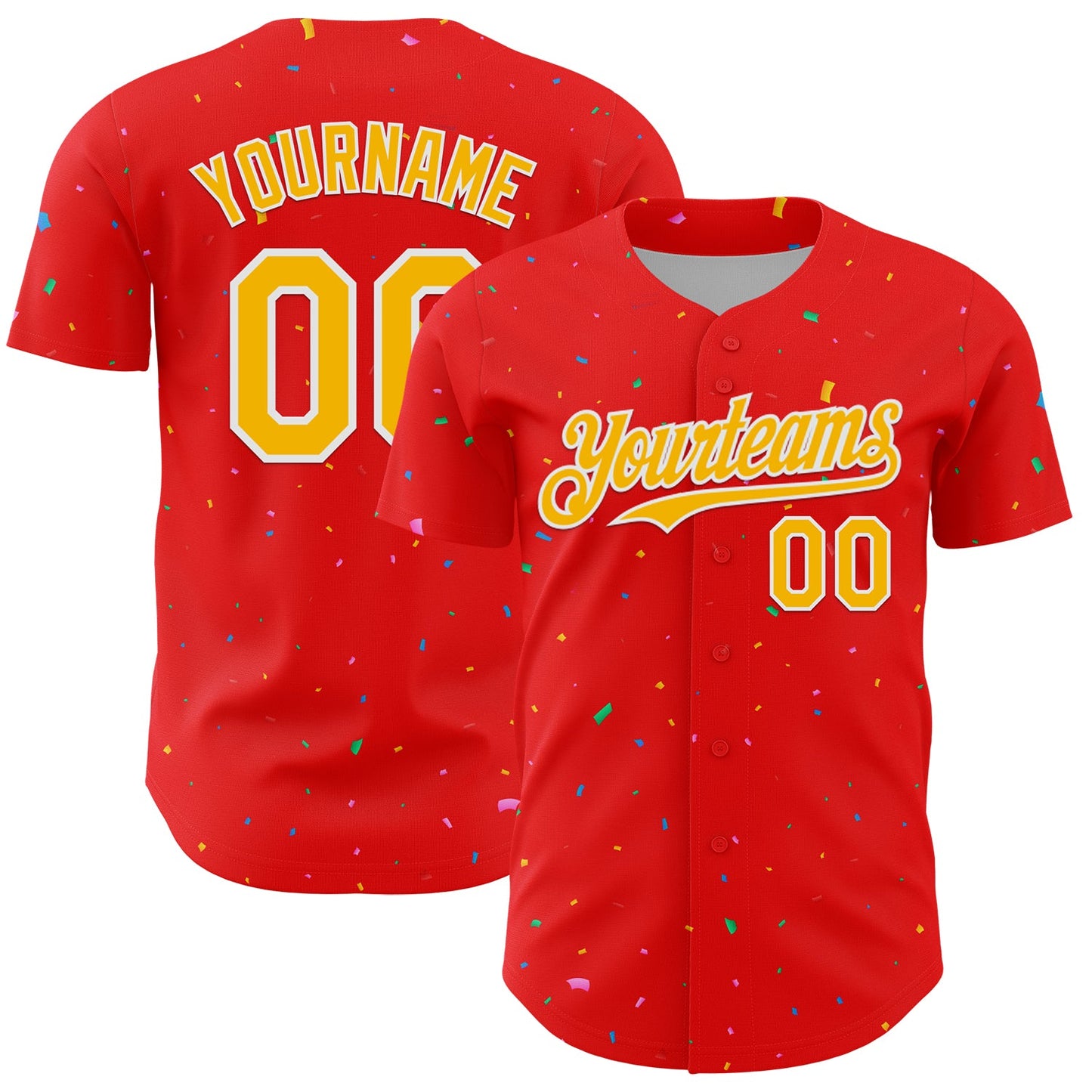 Custom Fire Red Gold-White 3D Pattern Design Confetti Colorful Speckle Authentic Baseball Jersey