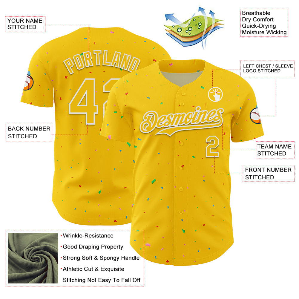 Custom Yellow White 3D Pattern Design Confetti Colorful Speckle Authentic Baseball Jersey
