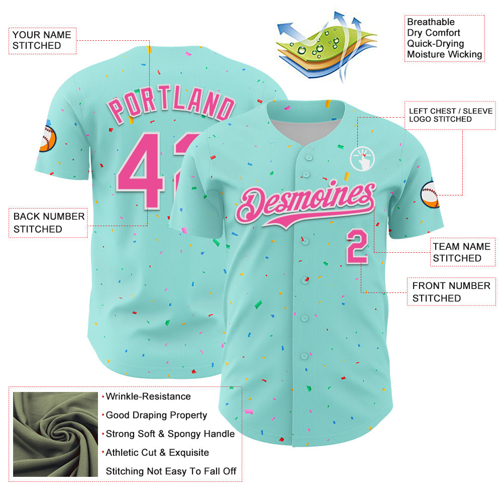 Custom Ice Blue Pink-White 3D Pattern Design Confetti Colorful Speckle Authentic Baseball Jersey