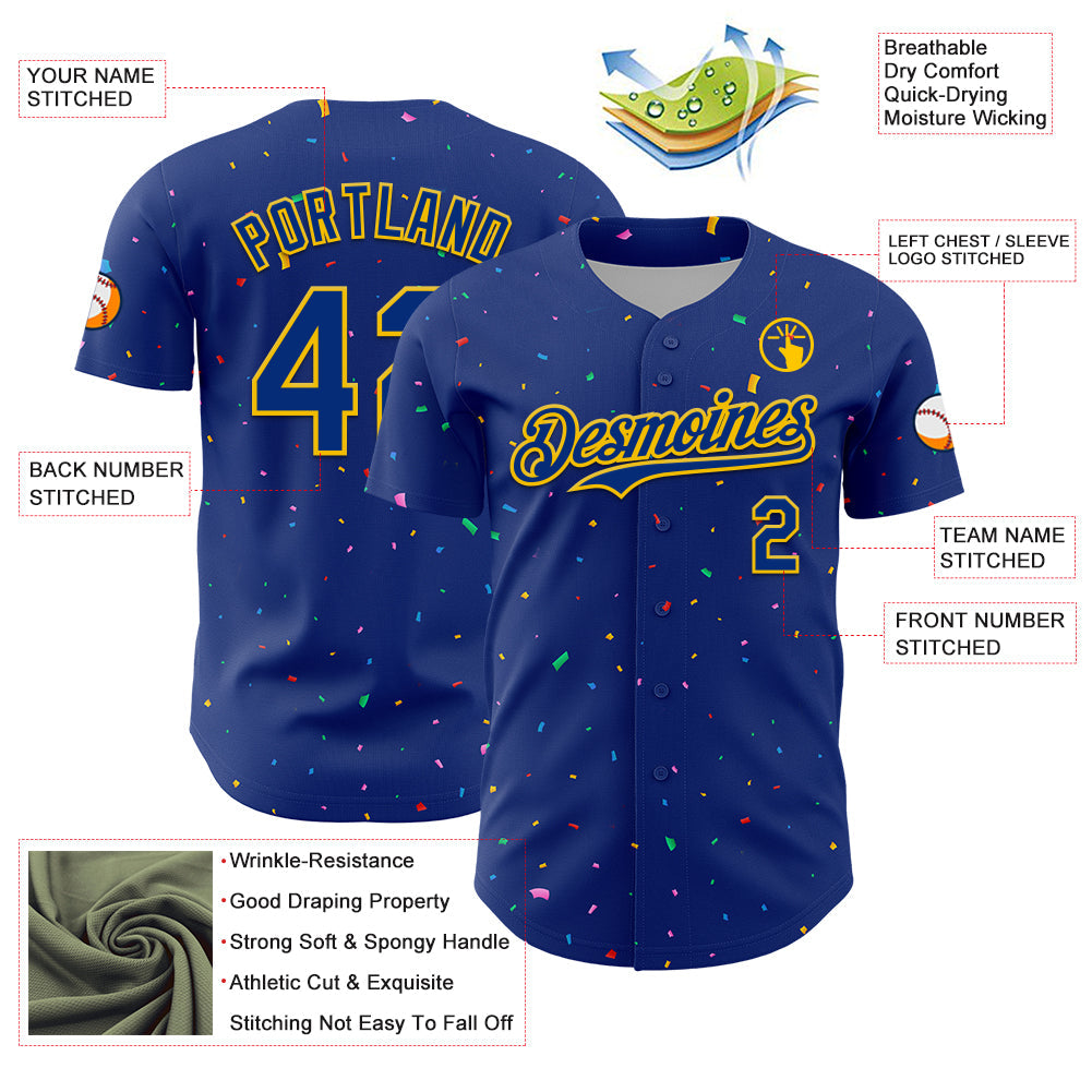 Custom Royal Yellow 3D Pattern Design Confetti Colorful Speckle Authentic Baseball Jersey