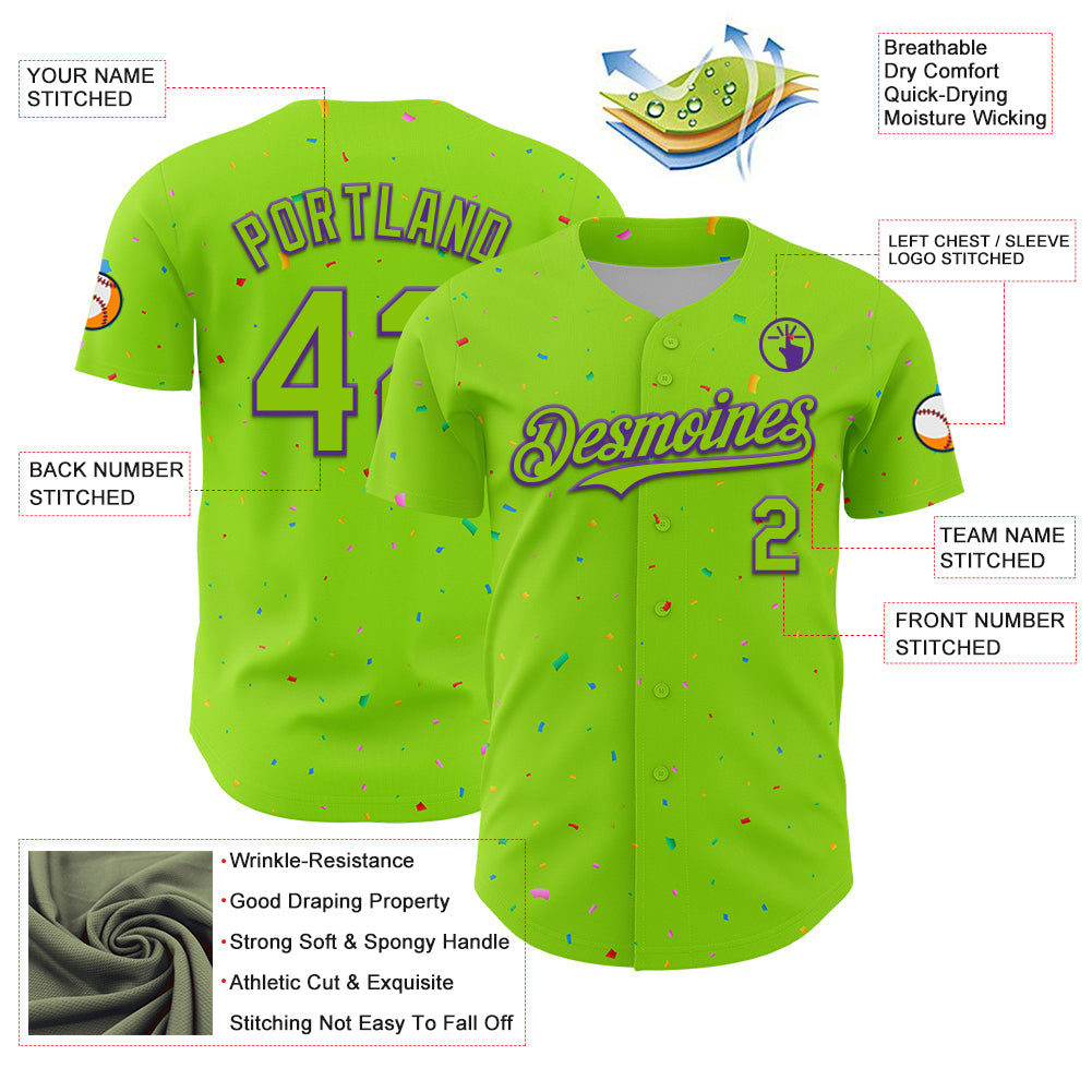 Custom Neon Green Purple 3D Pattern Design Confetti Colorful Speckle Authentic Baseball Jersey