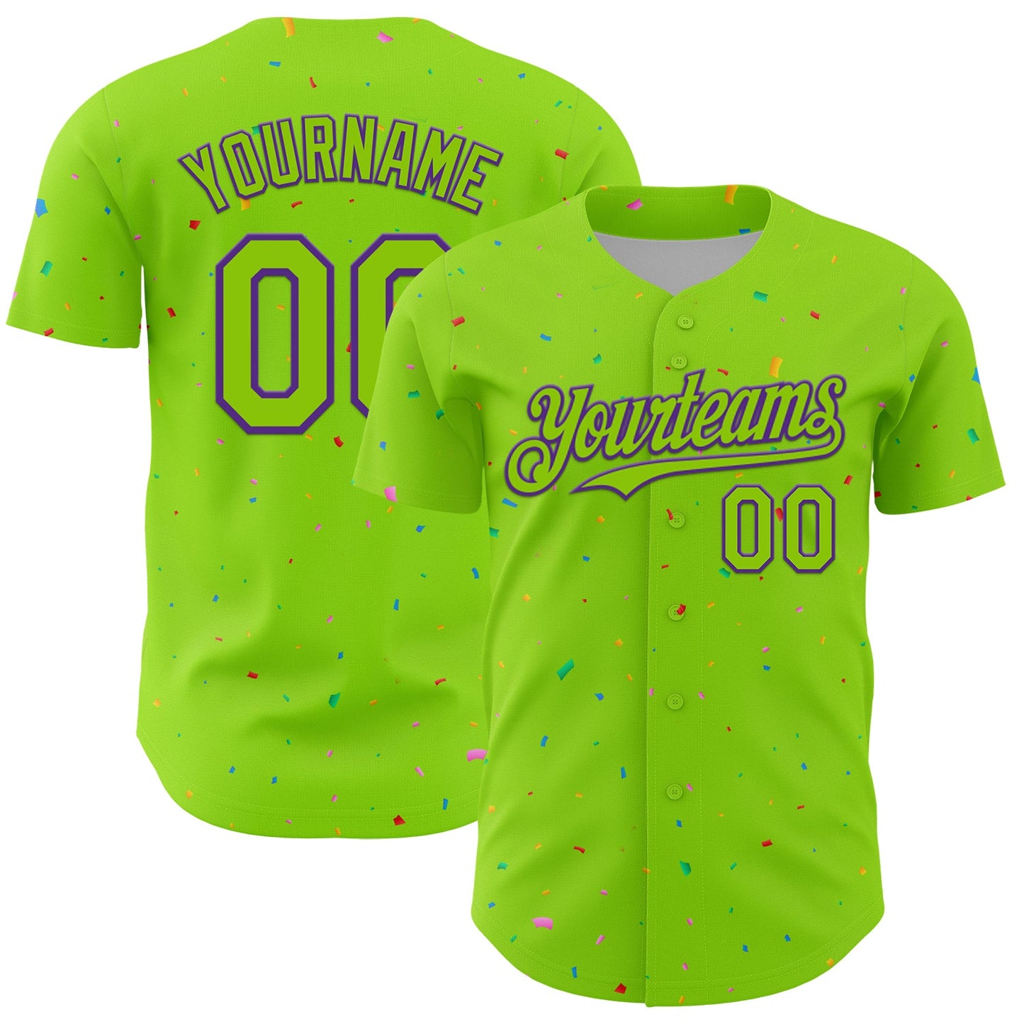 Custom Neon Green Purple 3D Pattern Design Confetti Colorful Speckle Authentic Baseball Jersey