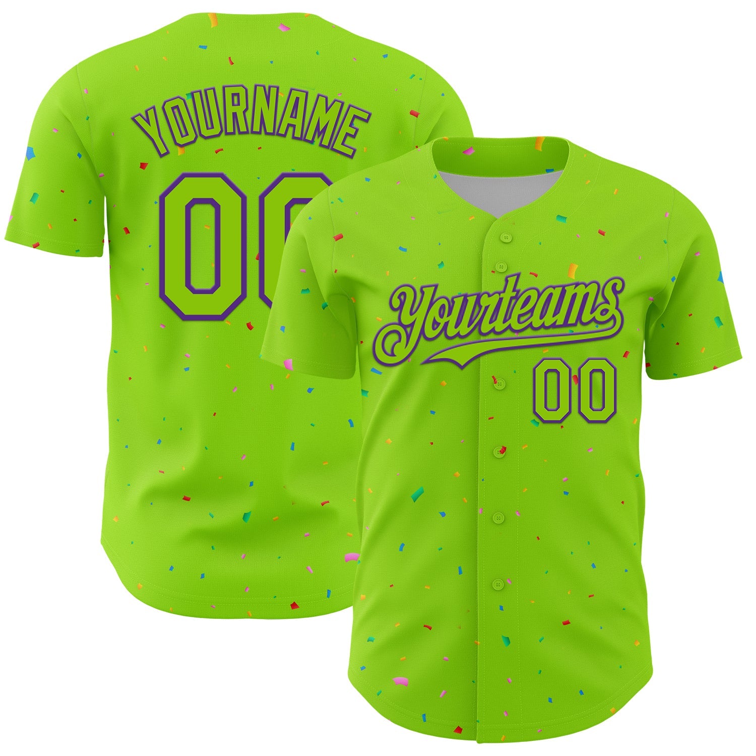 Custom Neon Green Purple 3D Pattern Design Confetti Colorful Speckle Authentic Baseball Jersey