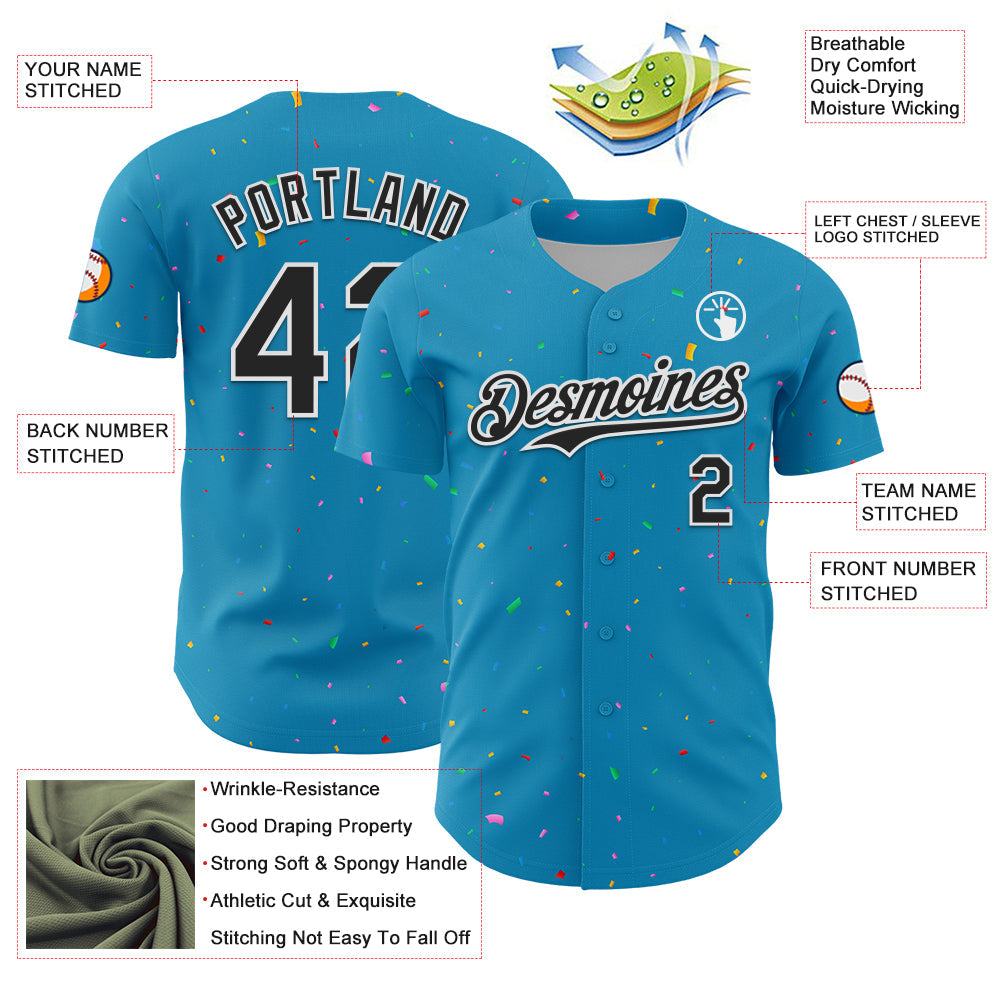 Custom Panther Blue Black-White 3D Pattern Design Confetti Colorful Speckle Authentic Baseball Jersey