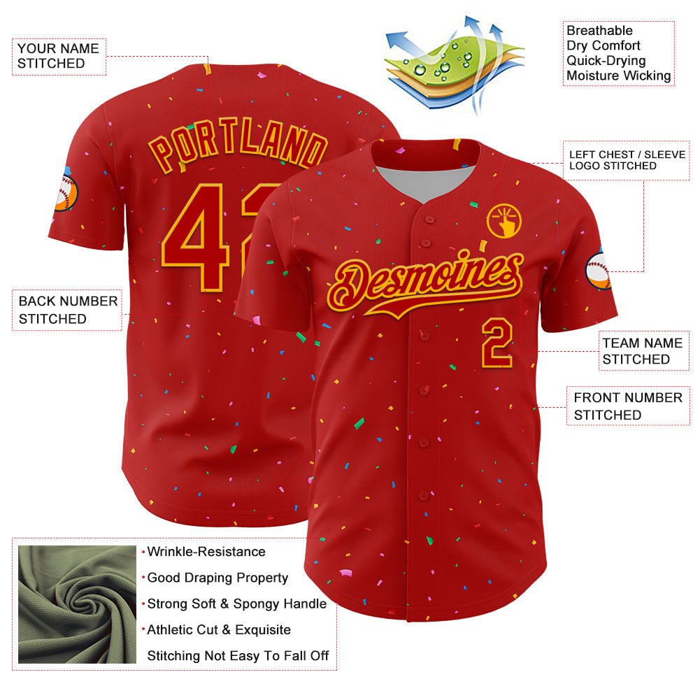 Custom Red Gold 3D Pattern Design Confetti Colorful Speckle Authentic Baseball Jersey