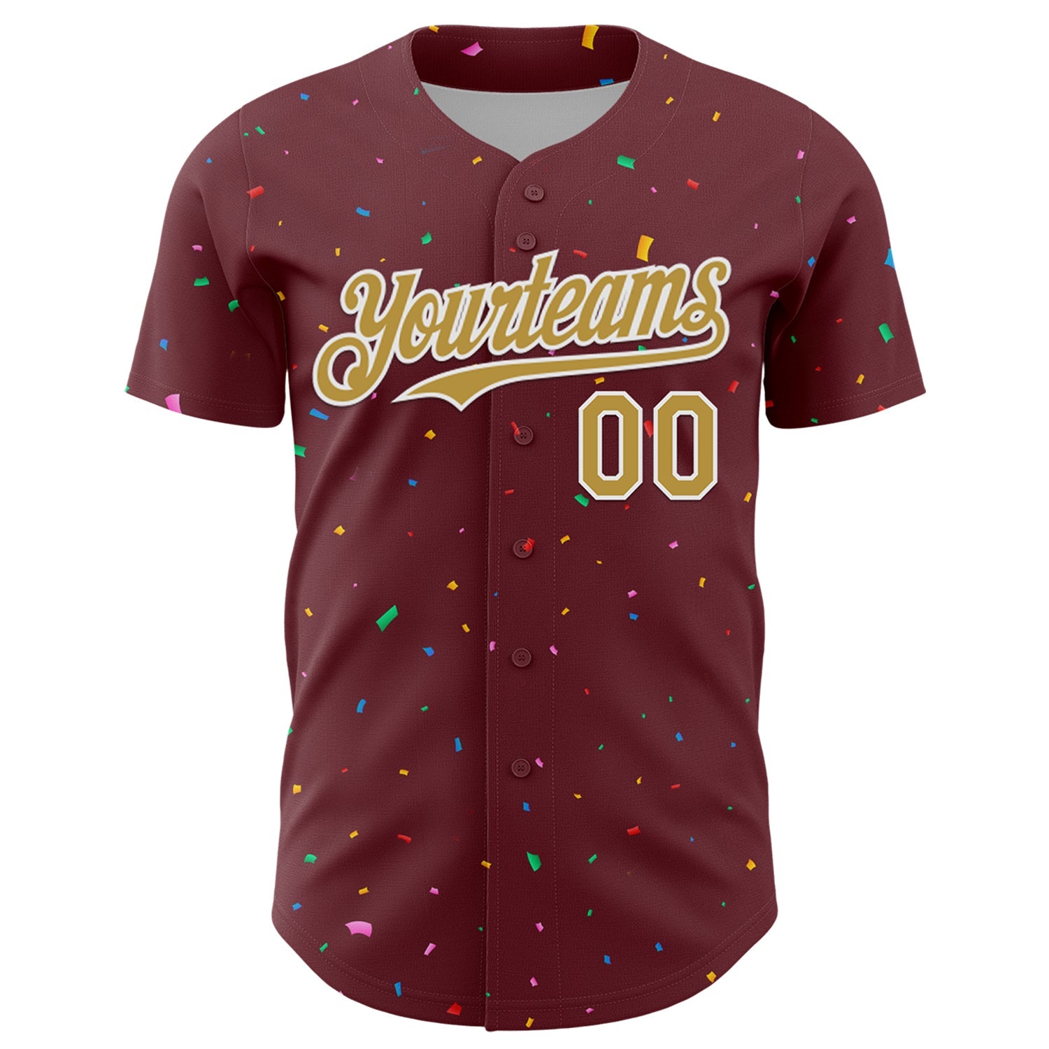 Custom Burgundy Old Gold-White 3D Pattern Design Confetti Colorful Speckle Authentic Baseball Jersey