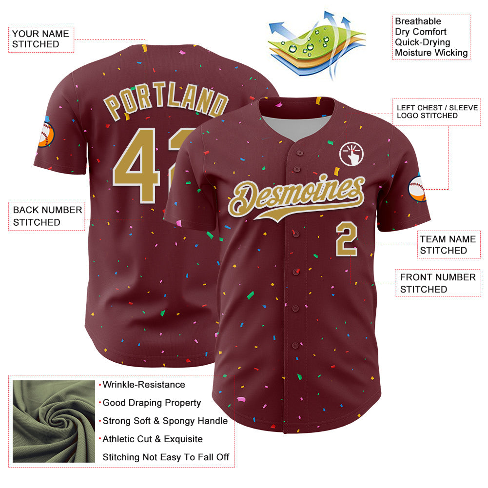 Custom Burgundy Old Gold-White 3D Pattern Design Confetti Colorful Speckle Authentic Baseball Jersey
