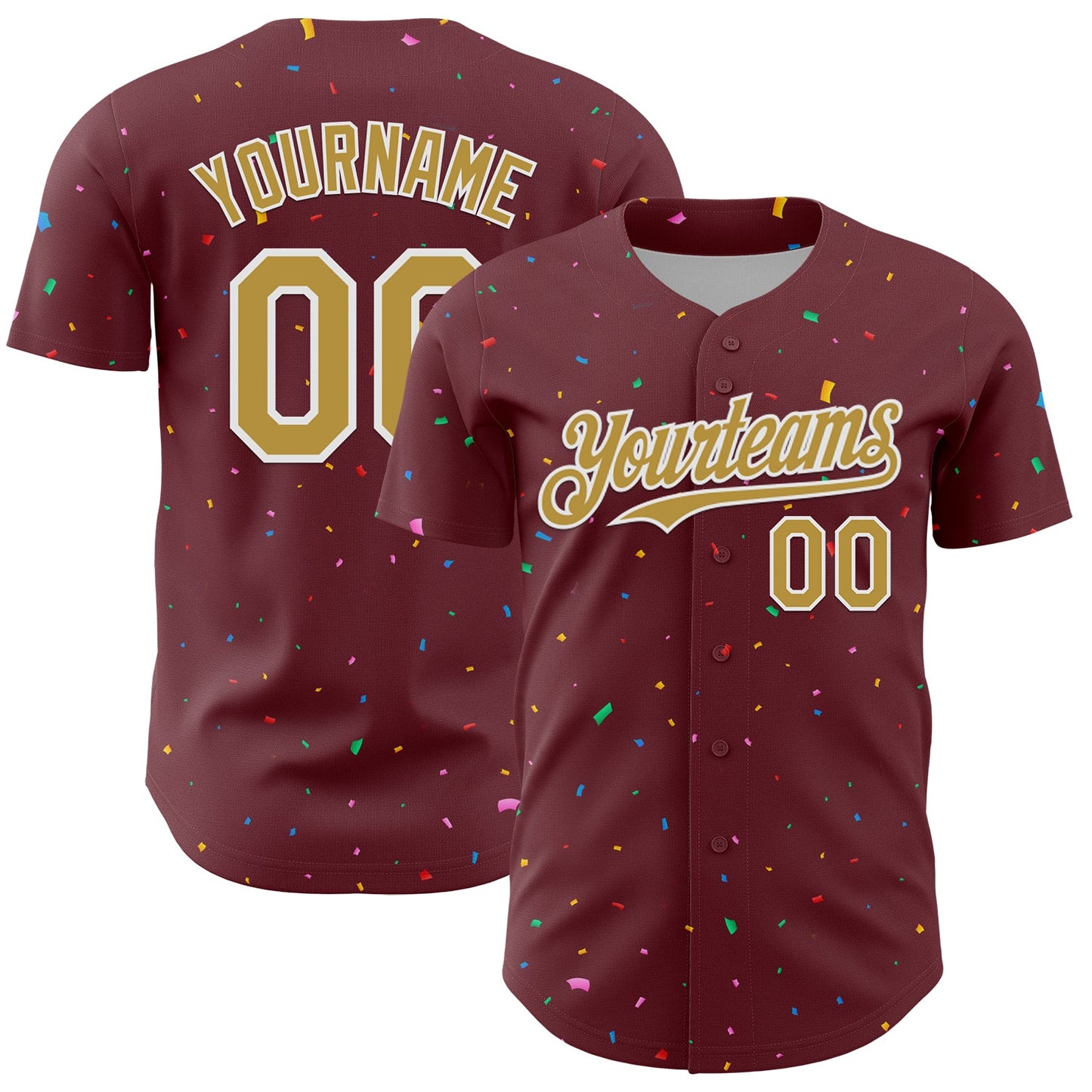 Custom Burgundy Old Gold-White 3D Pattern Design Confetti Colorful Speckle Authentic Baseball Jersey