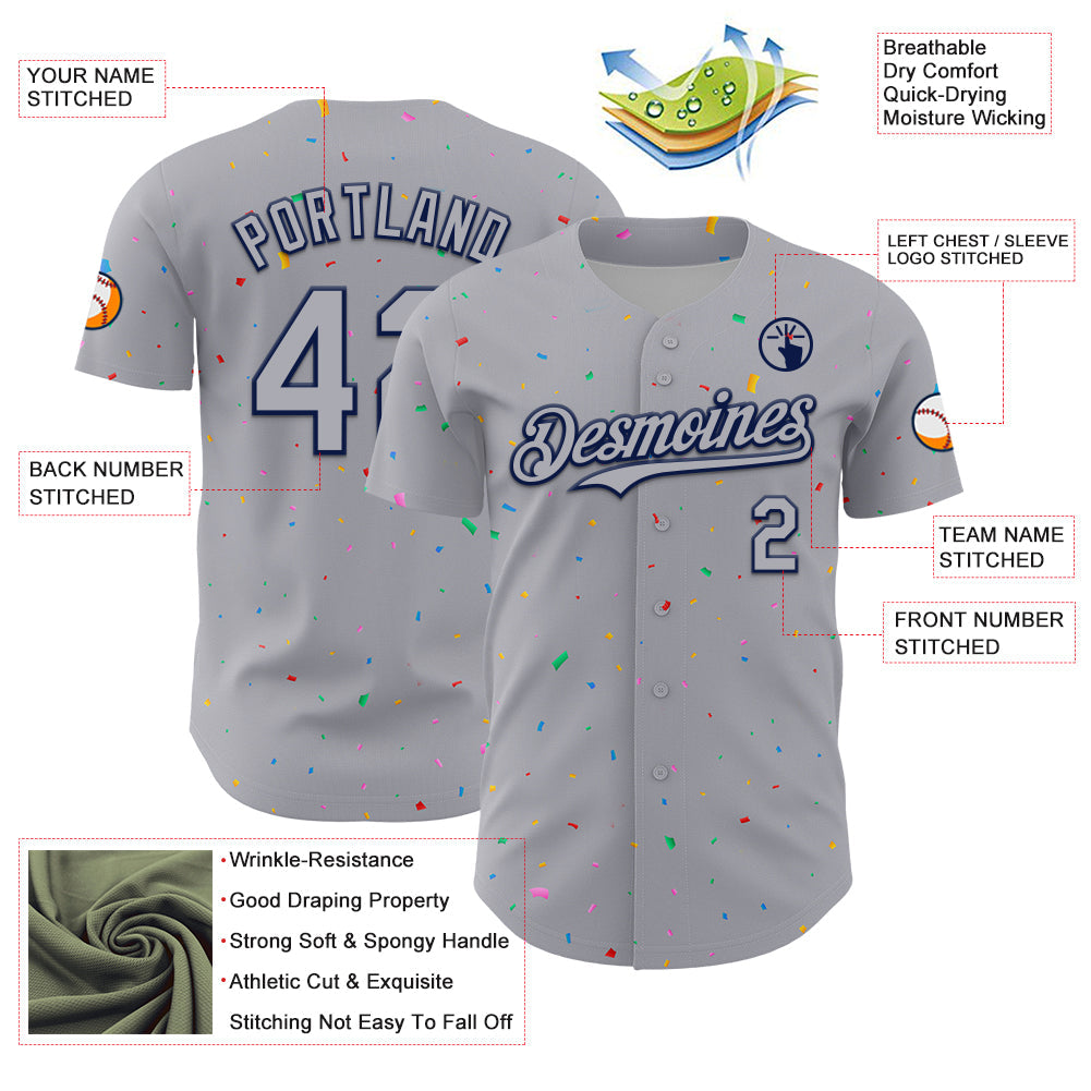 Custom Gray Navy 3D Pattern Design Confetti Colorful Speckle Authentic Baseball Jersey