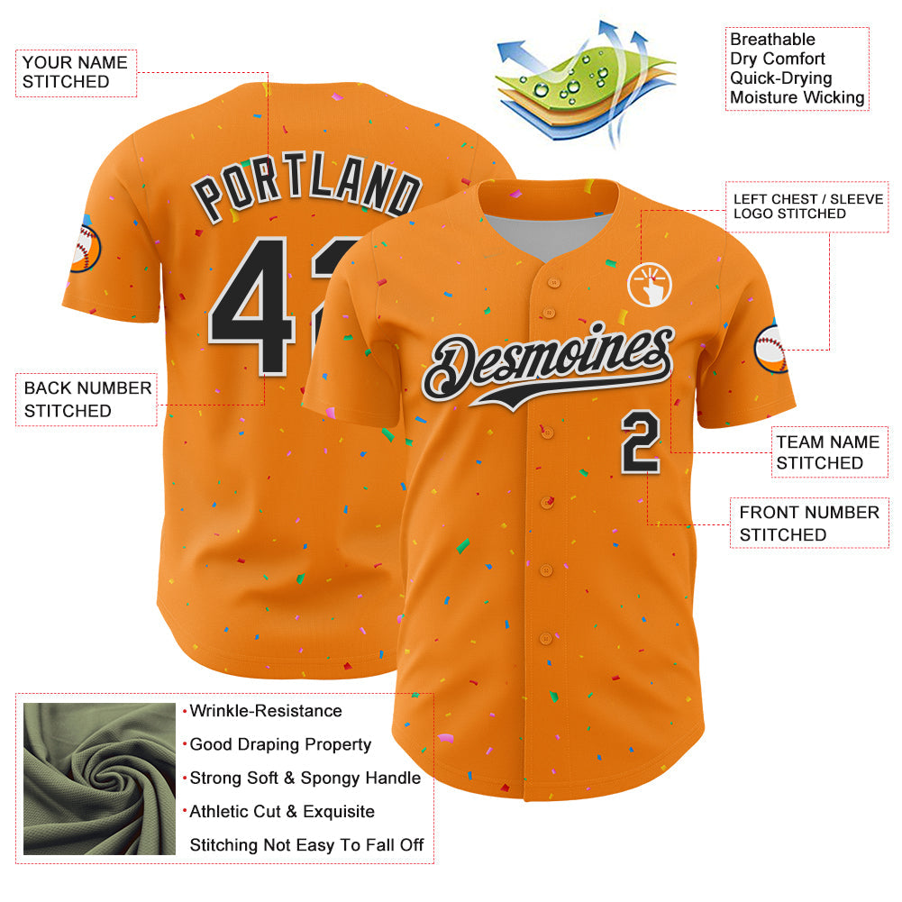 Custom Bay Orange Black-White 3D Pattern Design Confetti Colorful Speckle Authentic Baseball Jersey