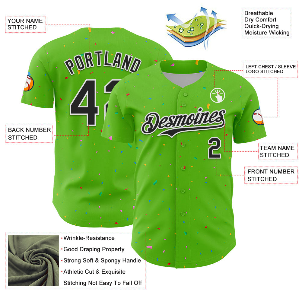 Custom Aurora Green Black-White 3D Pattern Design Confetti Colorful Speckle Authentic Baseball Jersey