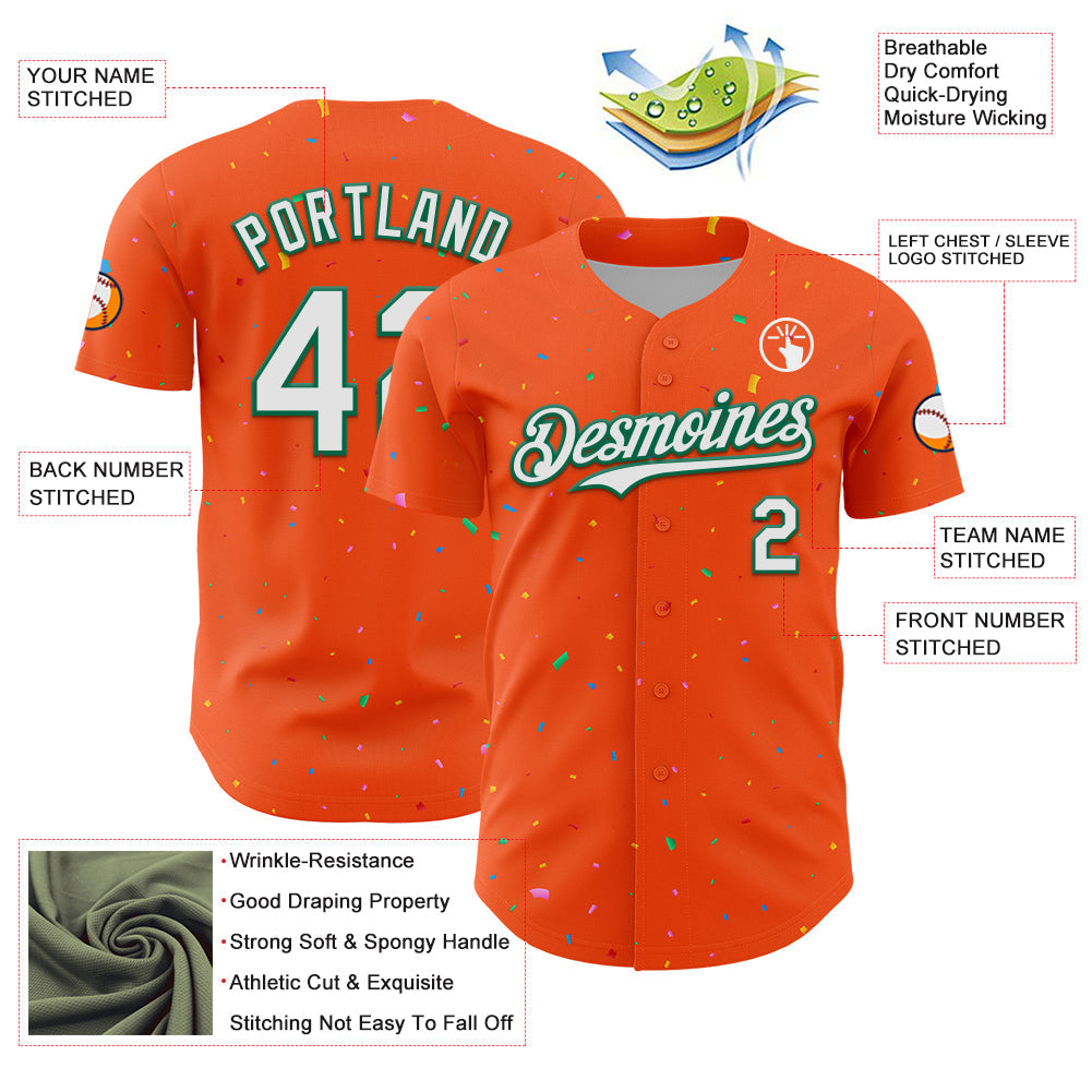 Custom Orange White-Kelly Green 3D Pattern Design Confetti Colorful Speckle Authentic Baseball Jersey
