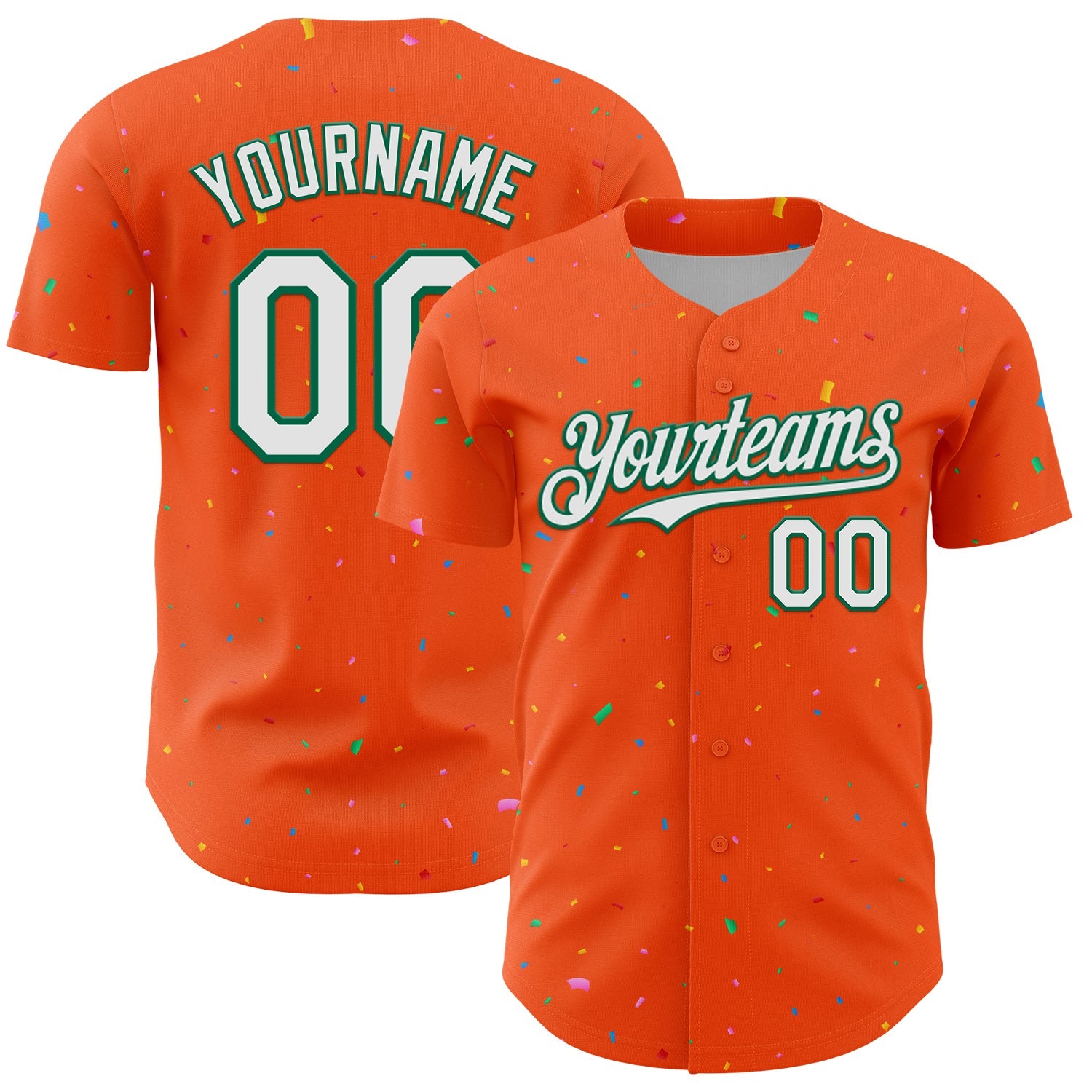 Custom Orange White-Kelly Green 3D Pattern Design Confetti Colorful Speckle Authentic Baseball Jersey