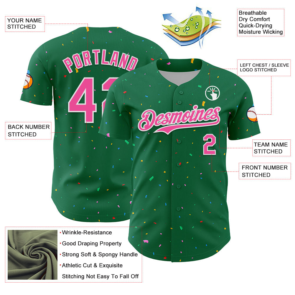 Custom Kelly Green Pink-White 3D Pattern Design Confetti Colorful Speckle Authentic Baseball Jersey