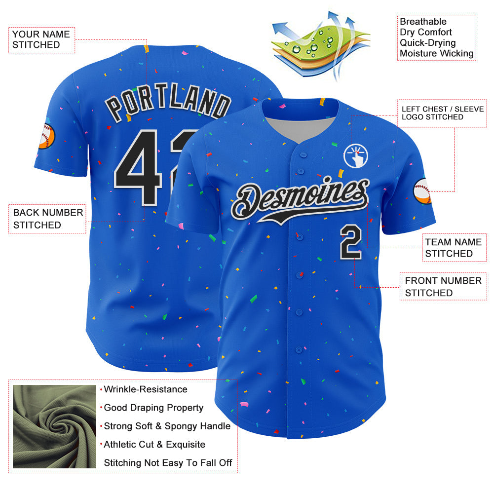 Custom Thunder Blue Black-White 3D Pattern Design Confetti Colorful Speckle Authentic Baseball Jersey