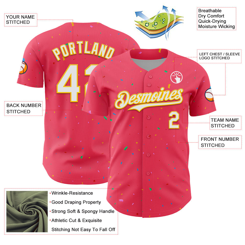 Custom Neon Pink White-Yellow 3D Pattern Design Confetti Colorful Speckle Authentic Baseball Jersey