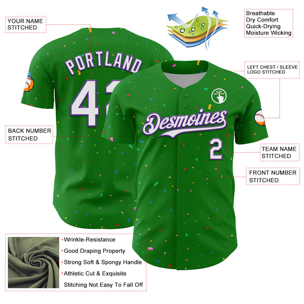 Custom Grass Green White-Purple 3D Pattern Design Confetti Colorful Speckle Authentic Baseball Jersey