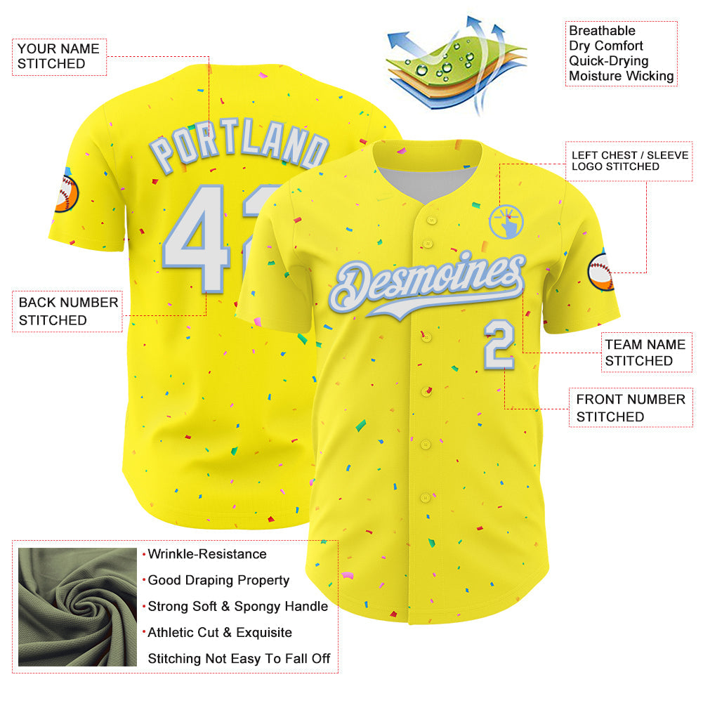 Custom Light Yellow White-Light Blue 3D Pattern Design Confetti Colorful Speckle Authentic Baseball Jersey