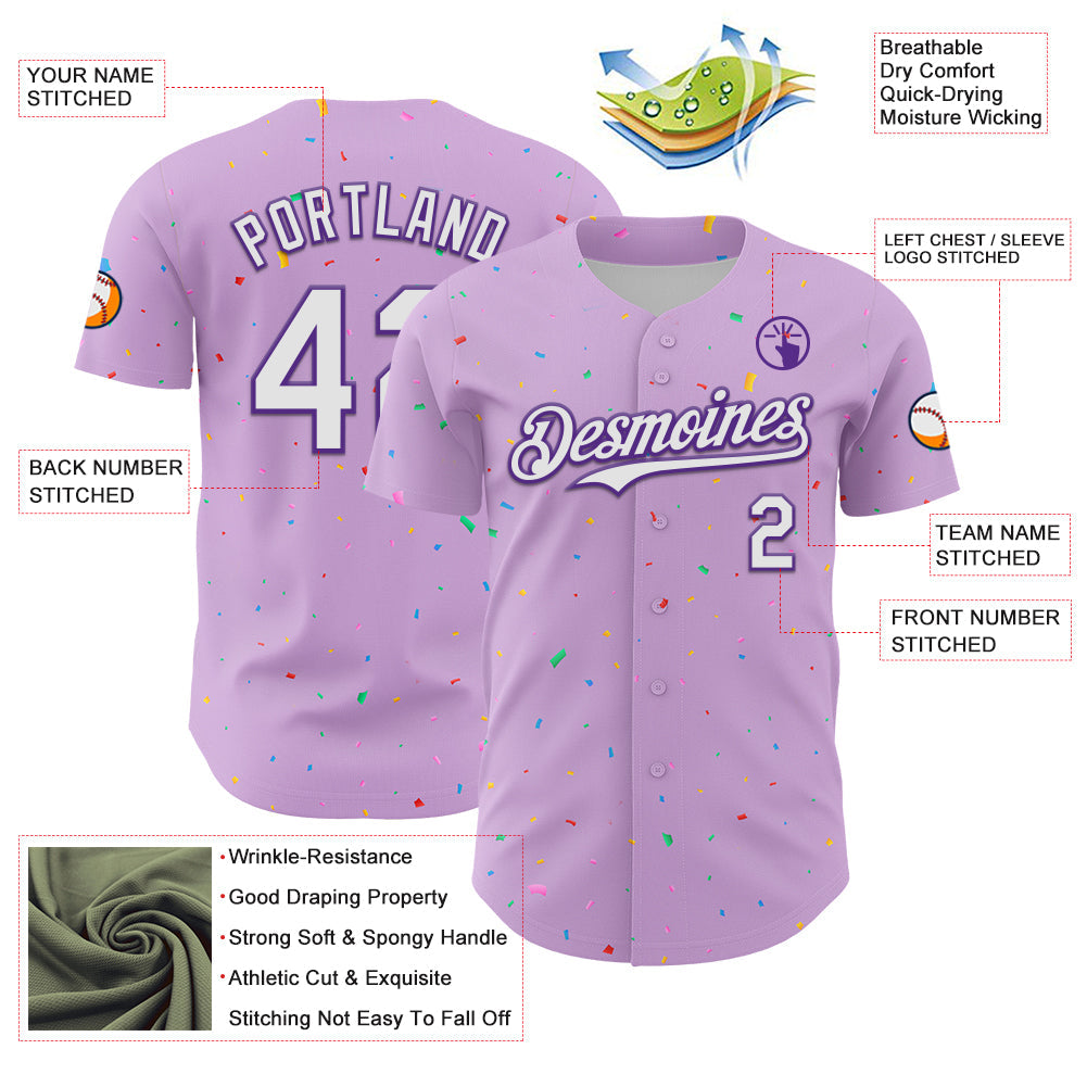 Custom Light Purple White-Purple 3D Pattern Design Confetti Colorful Speckle Authentic Baseball Jersey