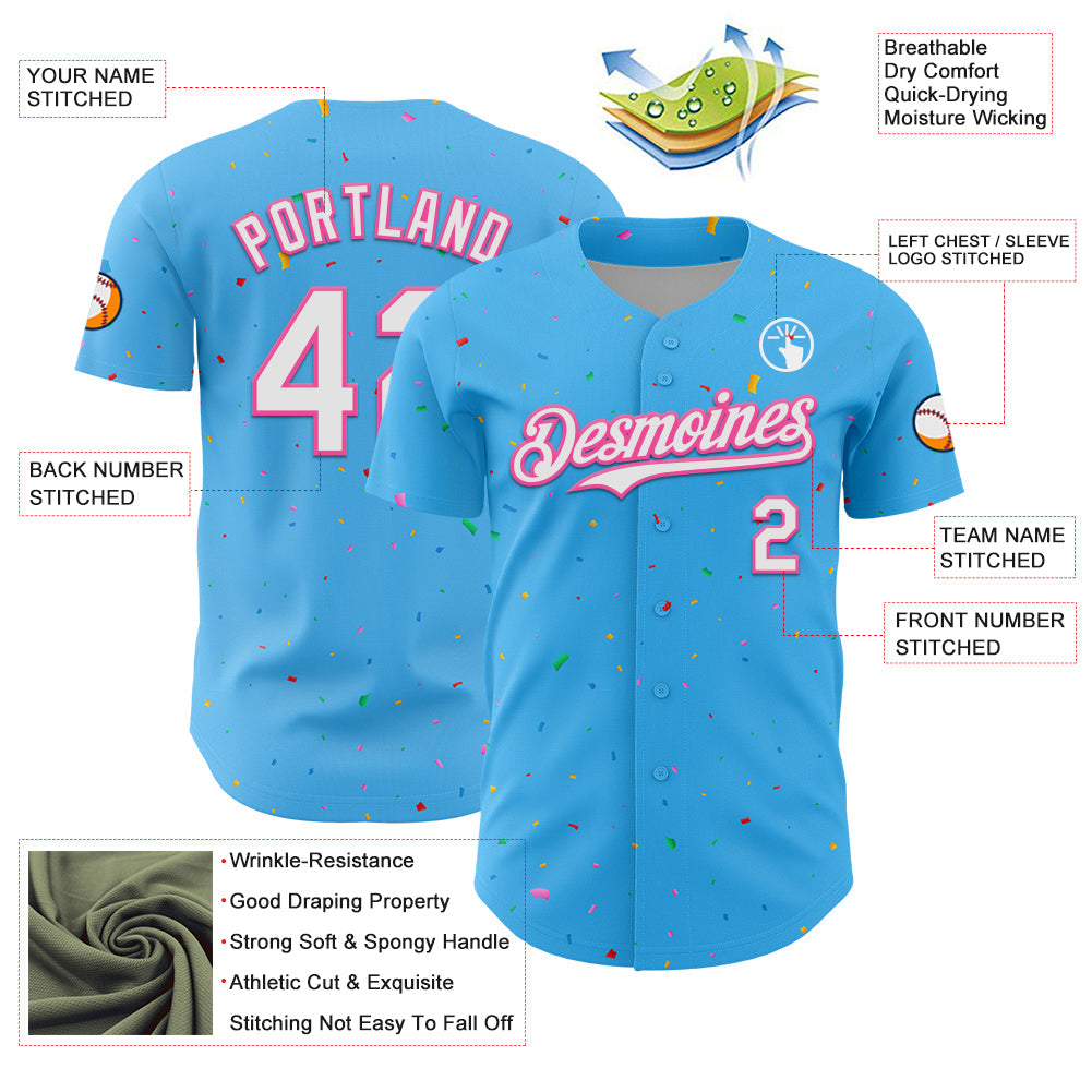 Custom Sky Blue White-Pink 3D Pattern Design Confetti Colorful Speckle Authentic Baseball Jersey