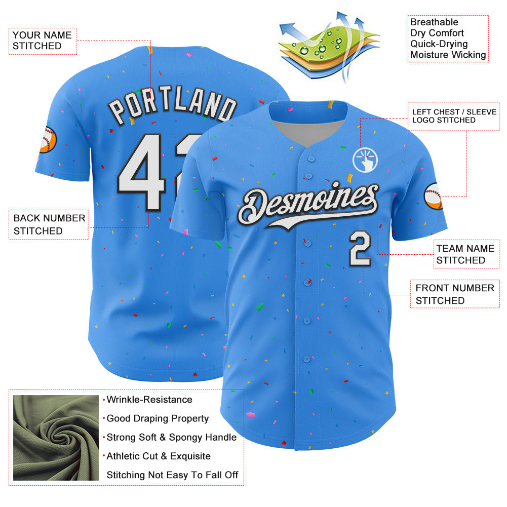 Custom Electric Blue White-Black 3D Pattern Design Confetti Colorful Speckle Authentic Baseball Jersey
