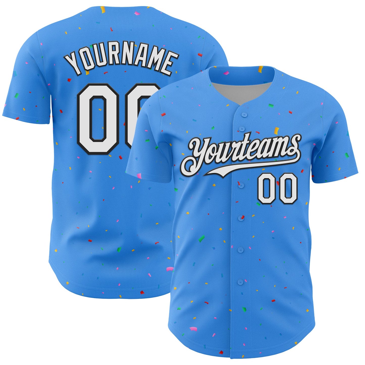 Custom Electric Blue White-Black 3D Pattern Design Confetti Colorful Speckle Authentic Baseball Jersey